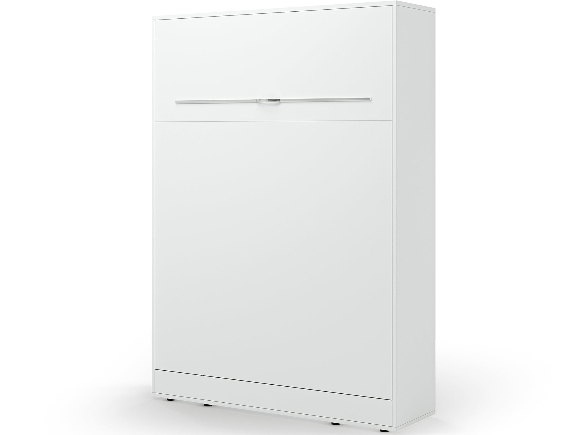 Półkotapczan Devesto I biały zamknięty, z gładkim frontem i długim metalowym uchwytem na panelu łóżka 140x200 w korpusie.