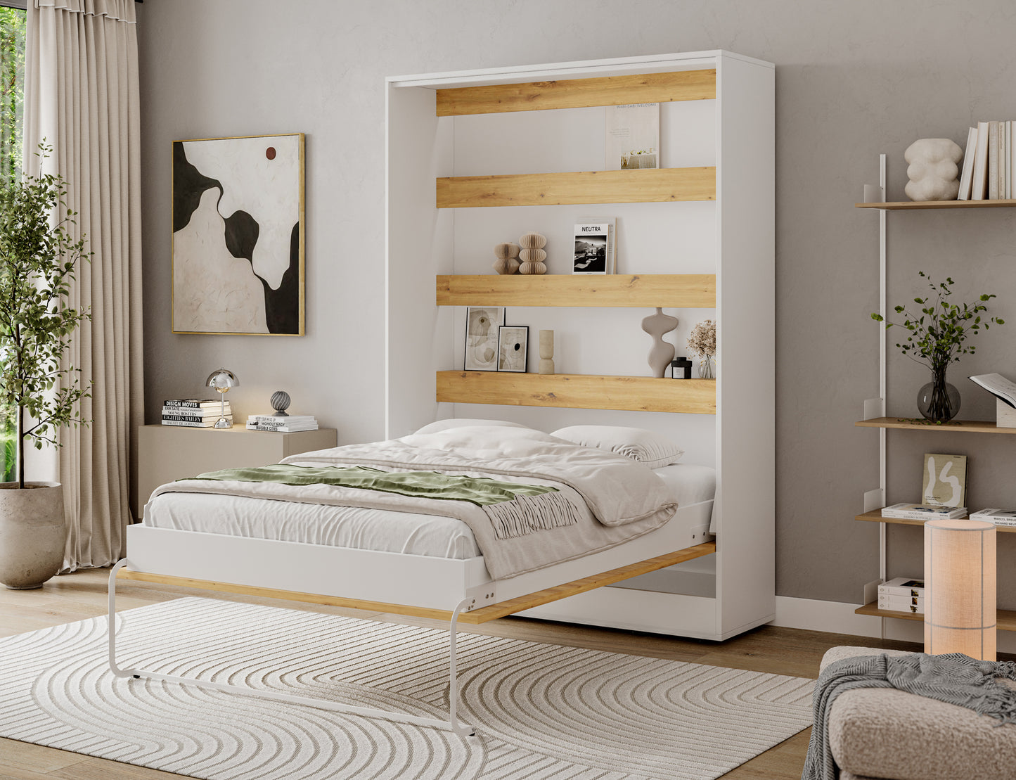 Półkotapczan Devesto I otwarty w salonie, łóżko 140x200 z białą ramą, półkami dąb artisan i jasną pościelą na materacu w ujęciu.