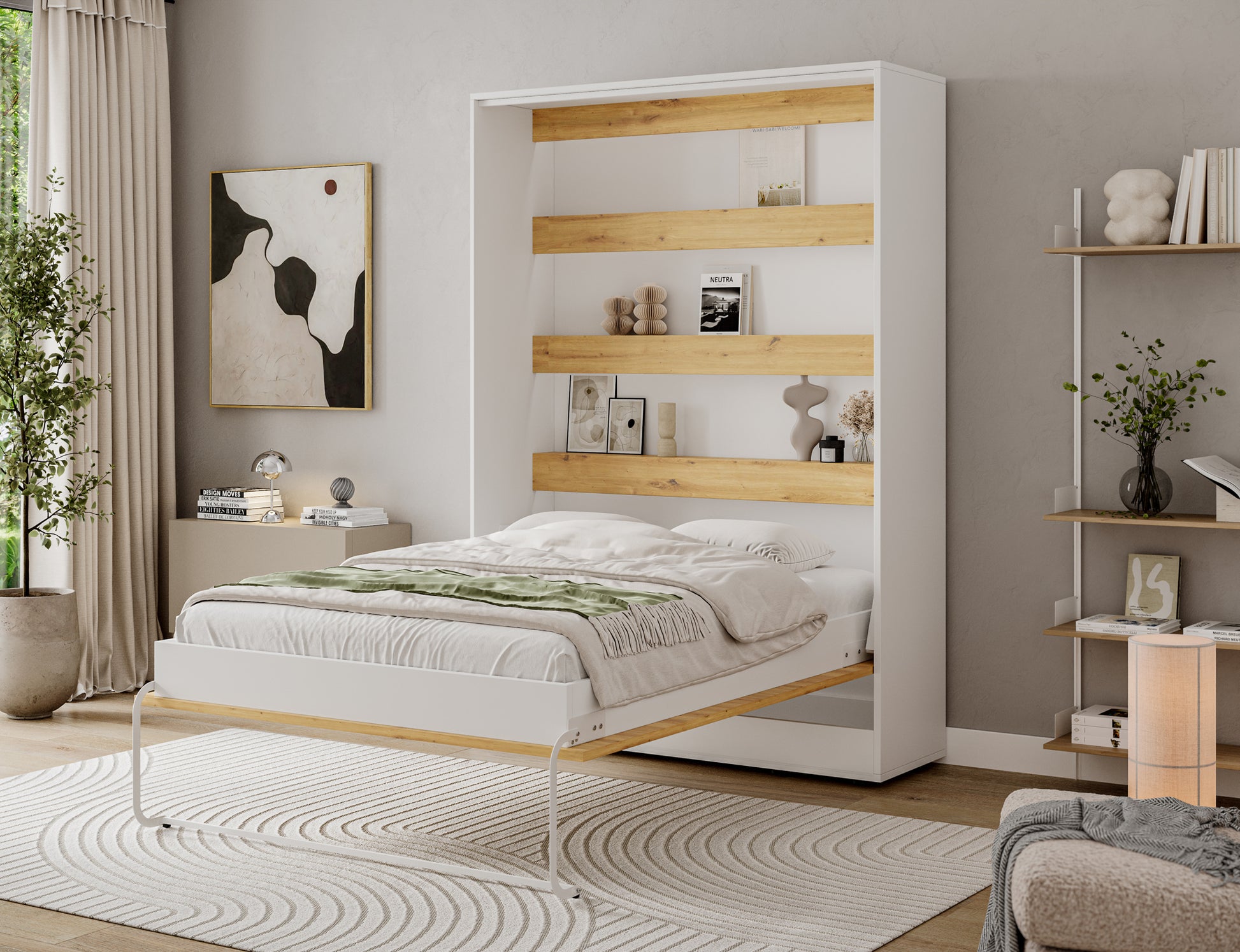 Półkotapczan Devesto I otwarty w salonie, łóżko 140x200 z białą ramą, półkami dąb artisan i jasną pościelą na materacu w ujęciu.