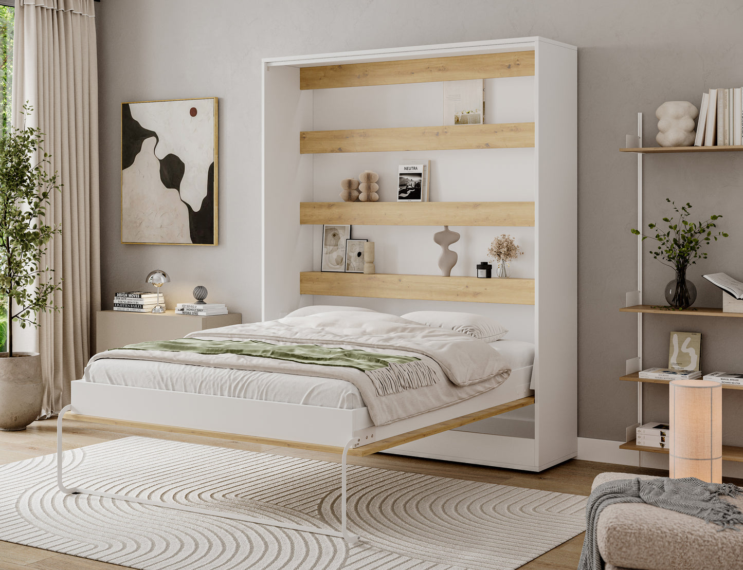 Półkotapczan Devesto I rozłożony w salonie, łóżko 160x200 z jasną pościelą i półkami w dekorze dąb artisan za wezgłowiem.
