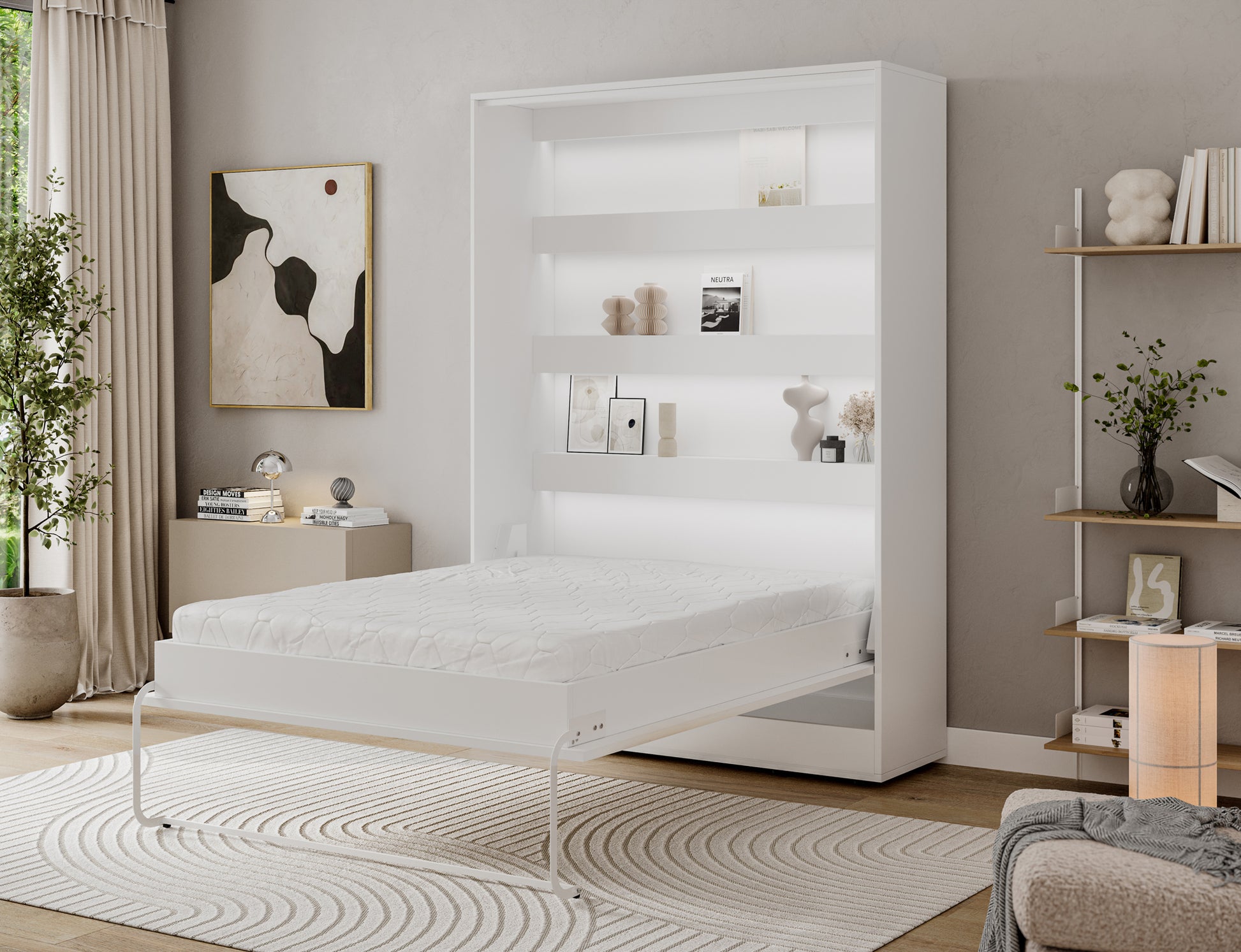 Detal półkotapczanu Devesto I LED białego, jasny materac w białej ramie łóżka i metalowa noga przy wzorzystym dywanie z bliska.
