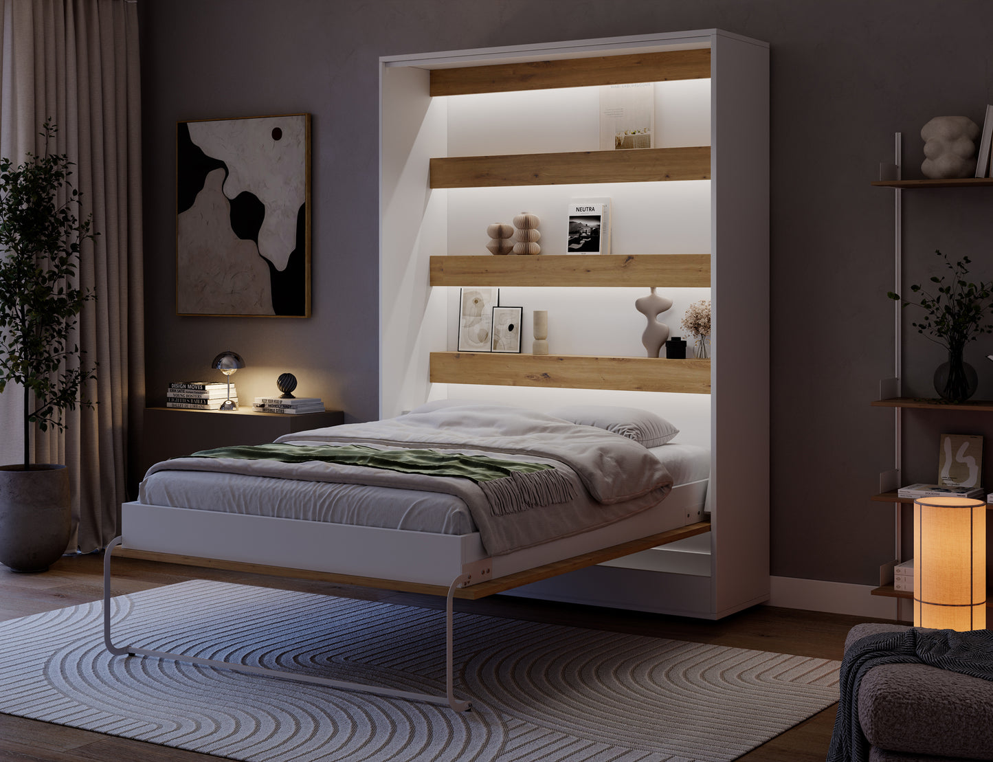 Półkotapczan Devesto I LED nocą, rozłożone łóżko 140x200 z pościelą i podświetlanymi półkami dąb artisan w ciemnym wnętrzu.