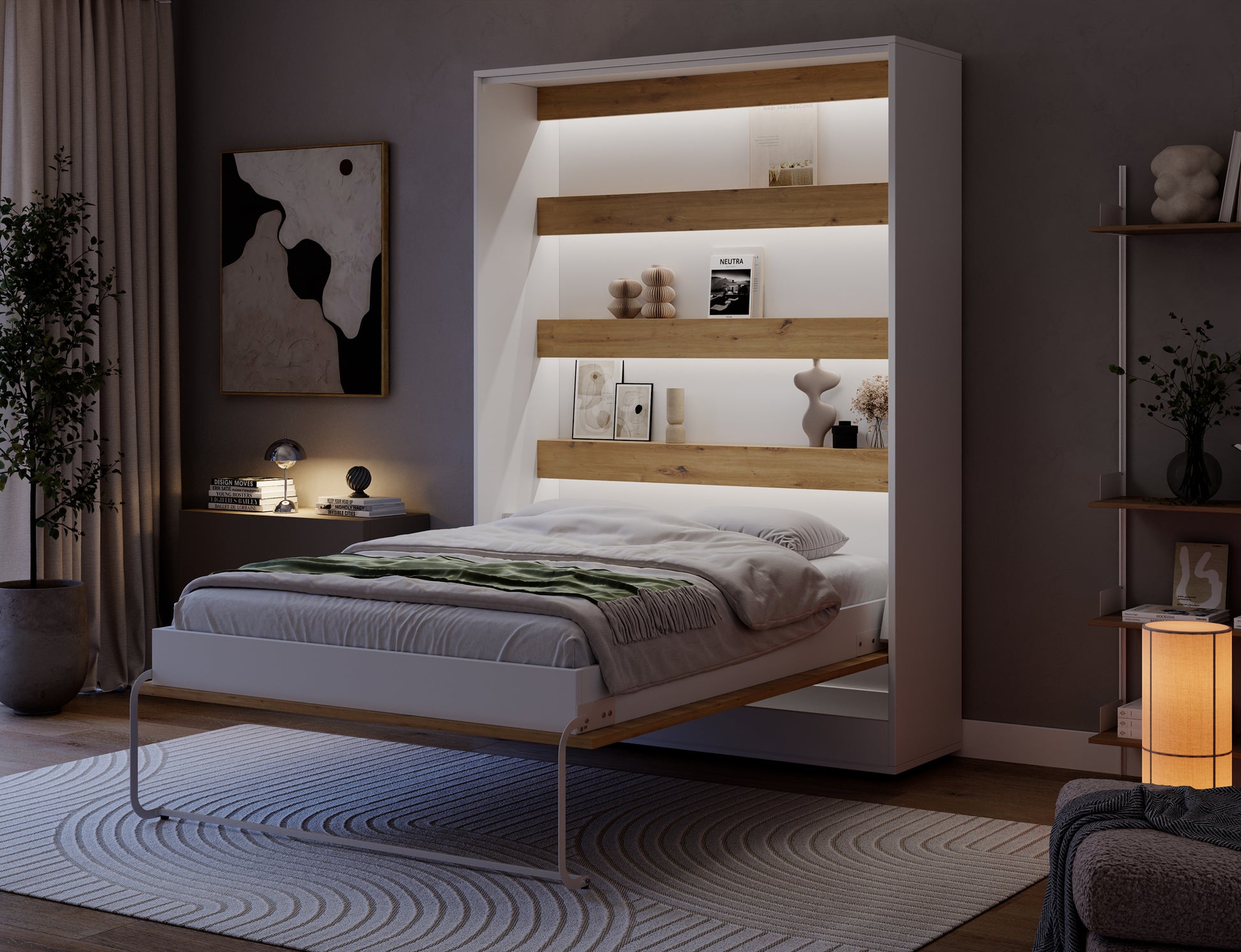 Półkotapczan Devesto I LED nocą, rozłożone łóżko 140x200 z pościelą i podświetlanymi półkami dąb artisan w ciemnym wnętrzu.
