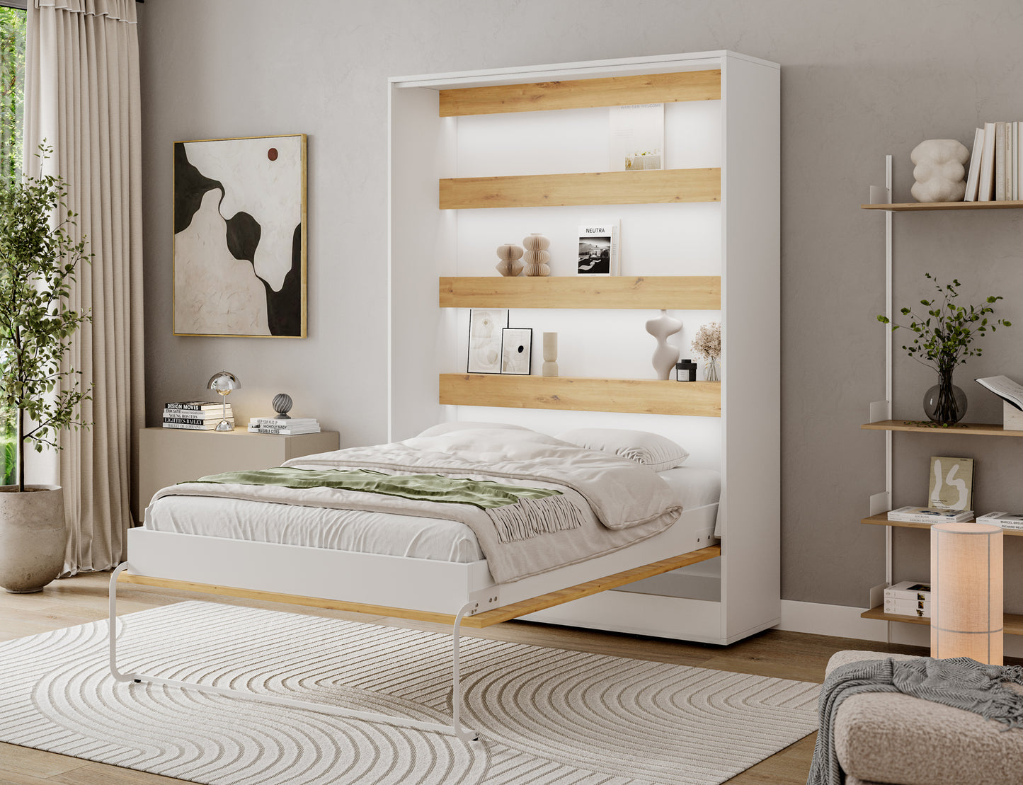 Półkotapczan Devesto I LED otwarty w salonie, łóżko 140x200 z materacem, półkami dąb artisan i białą ramą przy podłodze.
