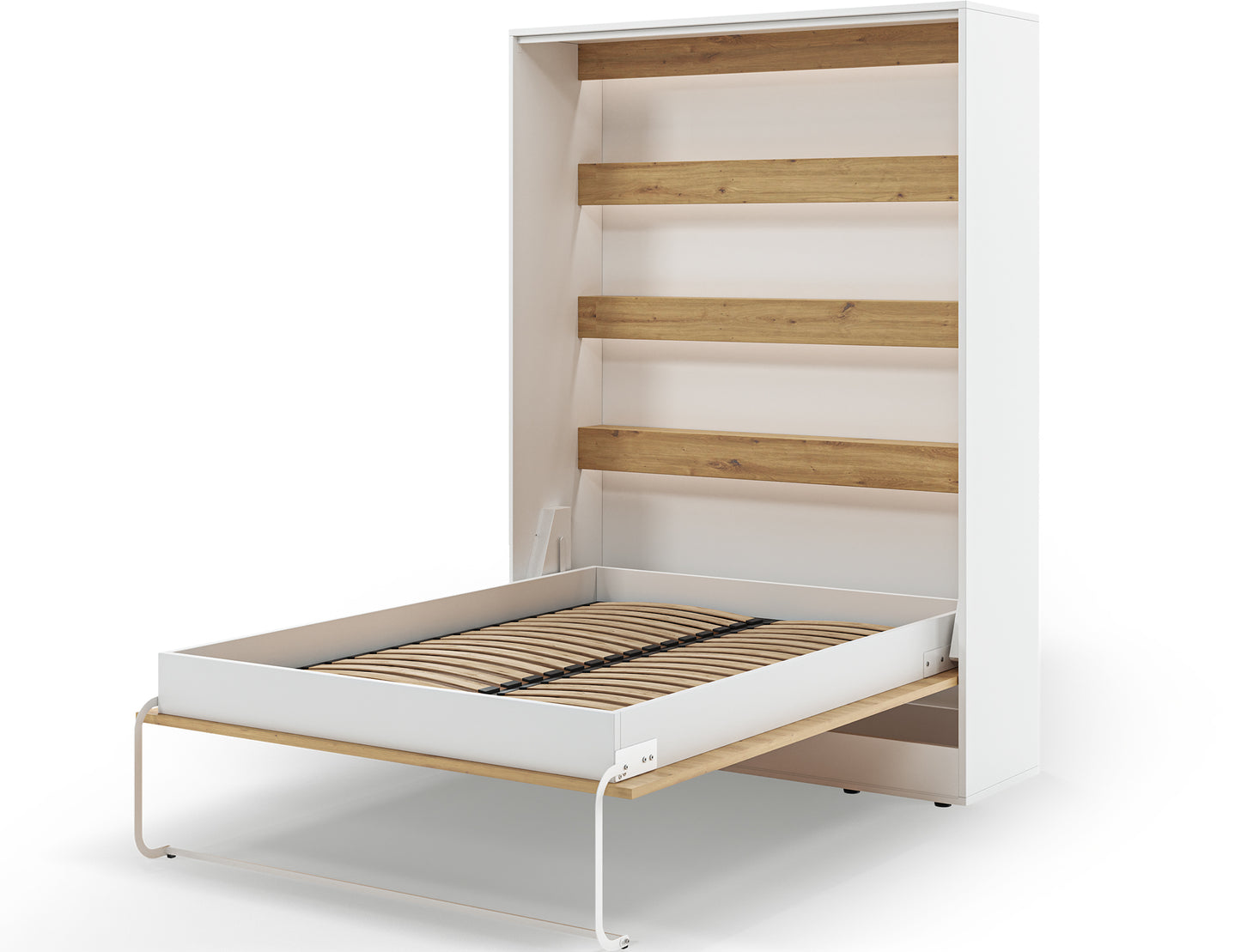 Półkotapczan Devesto I LED otwarty bez materaca, ze stelażem z listew i półkami dąb artisan nad łóżkiem 140x200 w korpusie.
