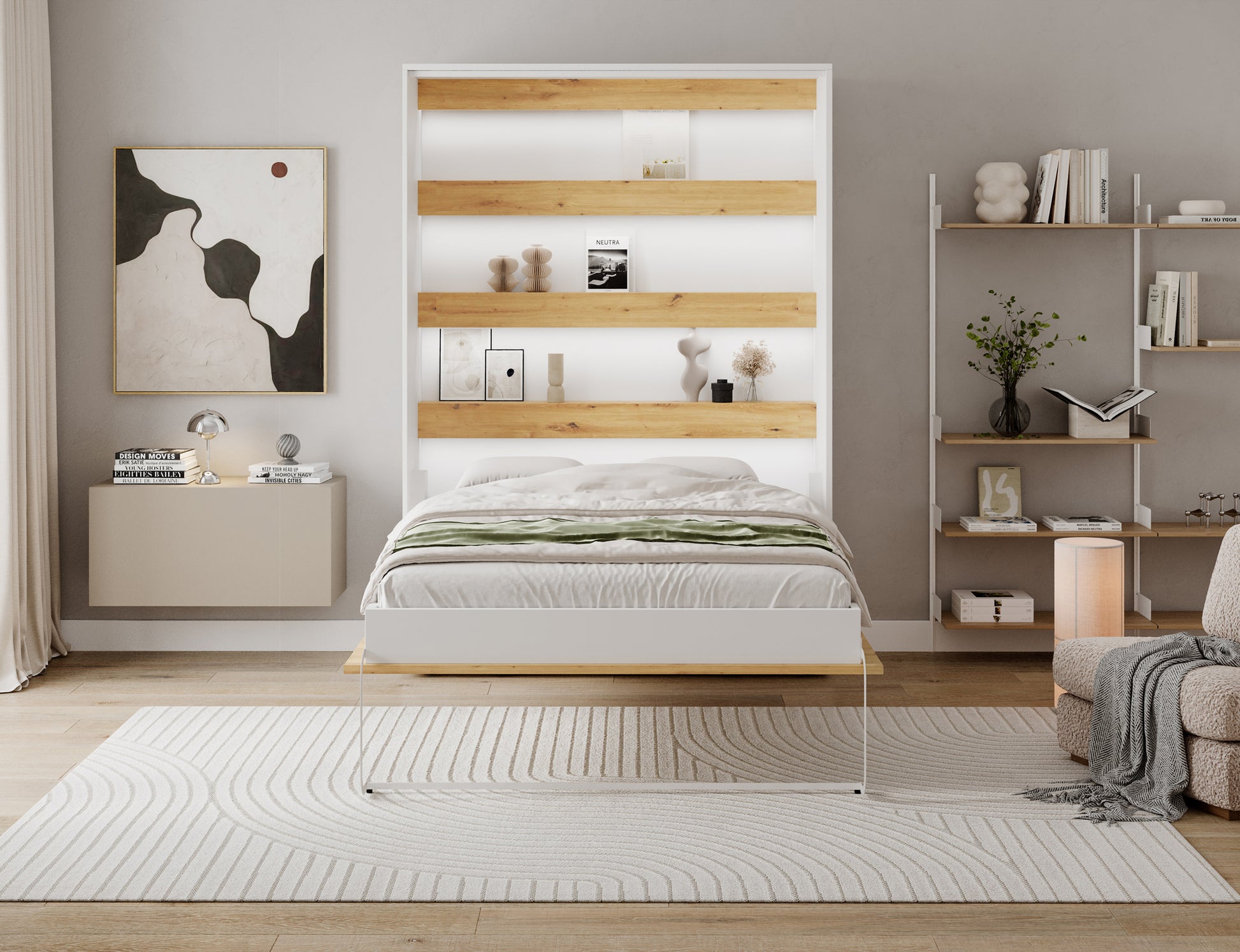 Półkotapczan Devesto I LED otwarty w salonie, łóżko 140x200 z pościelą i podświetlanymi półkami dąb artisan nad materacem.