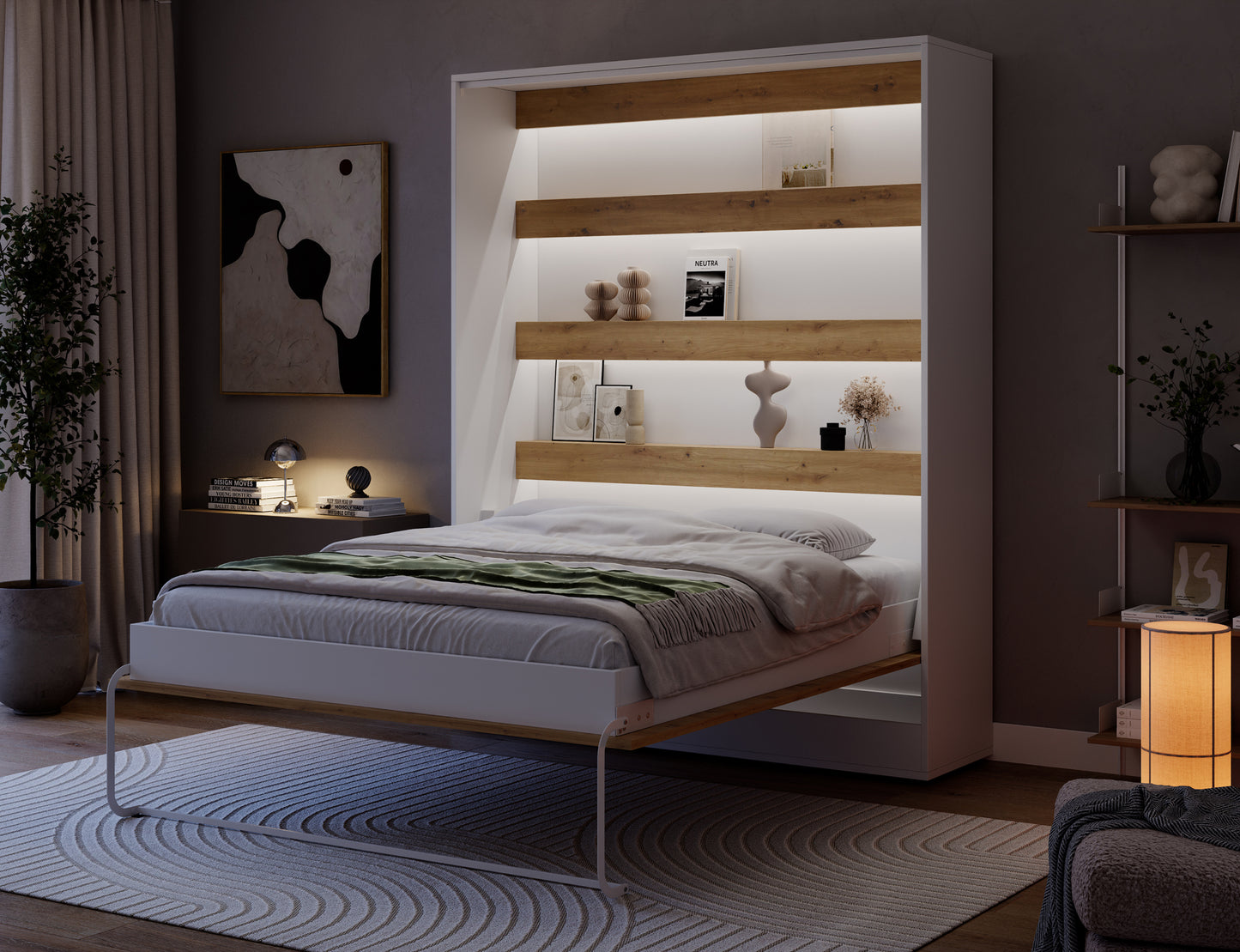 Półkotapczan Devesto I LED nocą, rozłożone łóżko 160x200 z pościelą i podświetlanymi półkami dąb artisan w ciemnym wnętrzu.