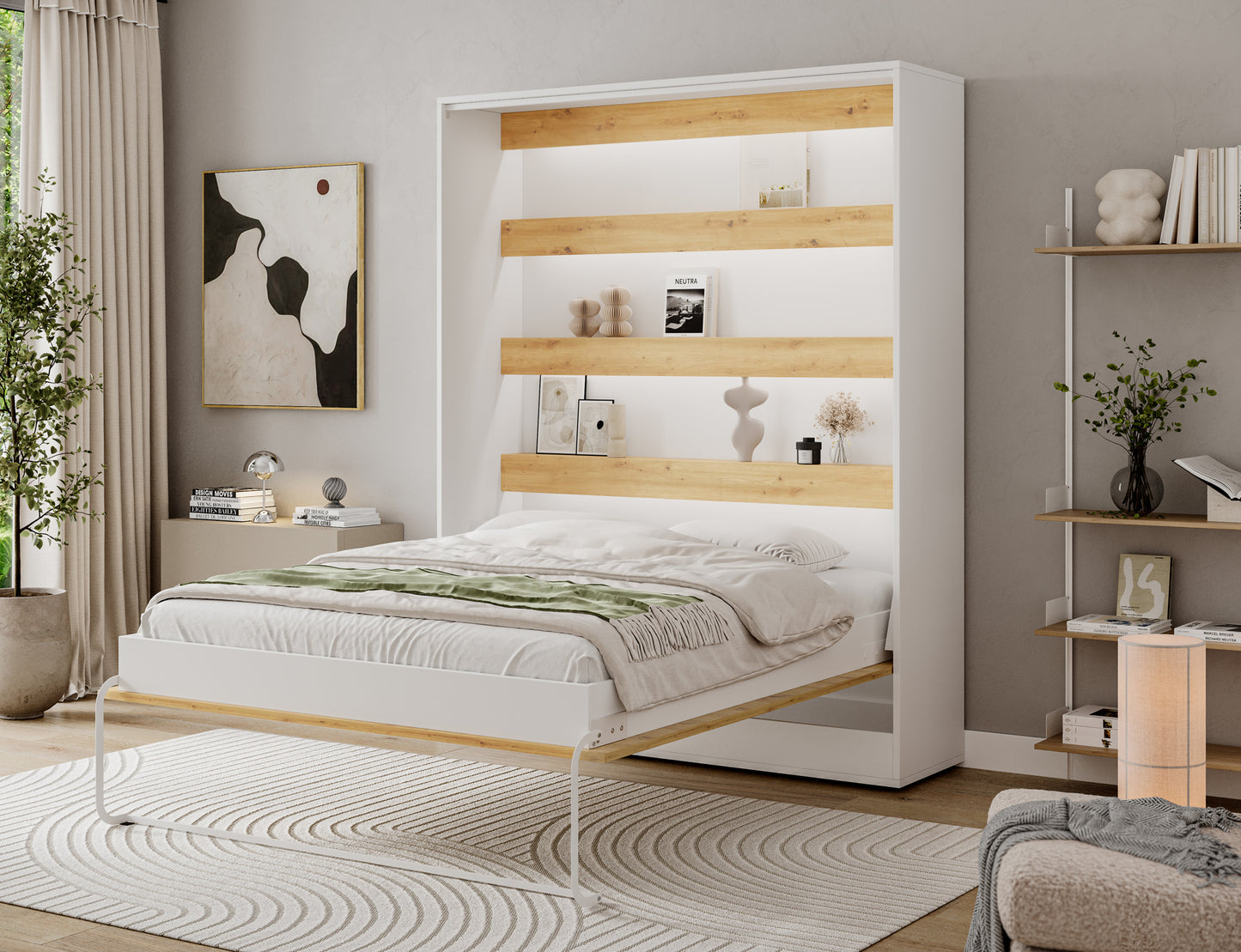 Półkotapczan Devesto I LED otwarty w salonie, łóżko 160x200 z materacem, półkami dąb artisan i białą ramą przy podłodze.