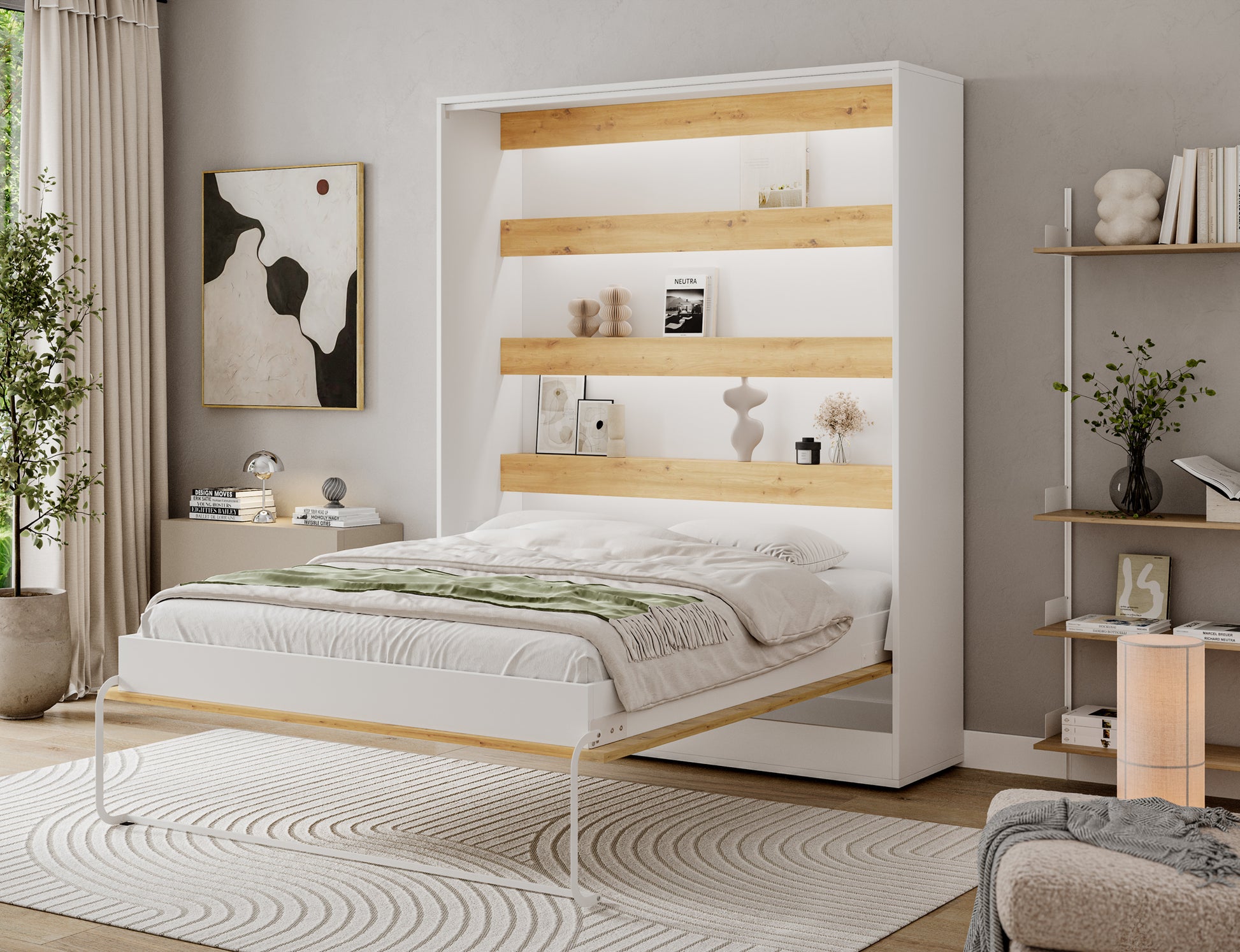 Półkotapczan Devesto I LED otwarty w salonie, łóżko 160x200 z materacem, półkami dąb artisan i białą ramą przy podłodze.
