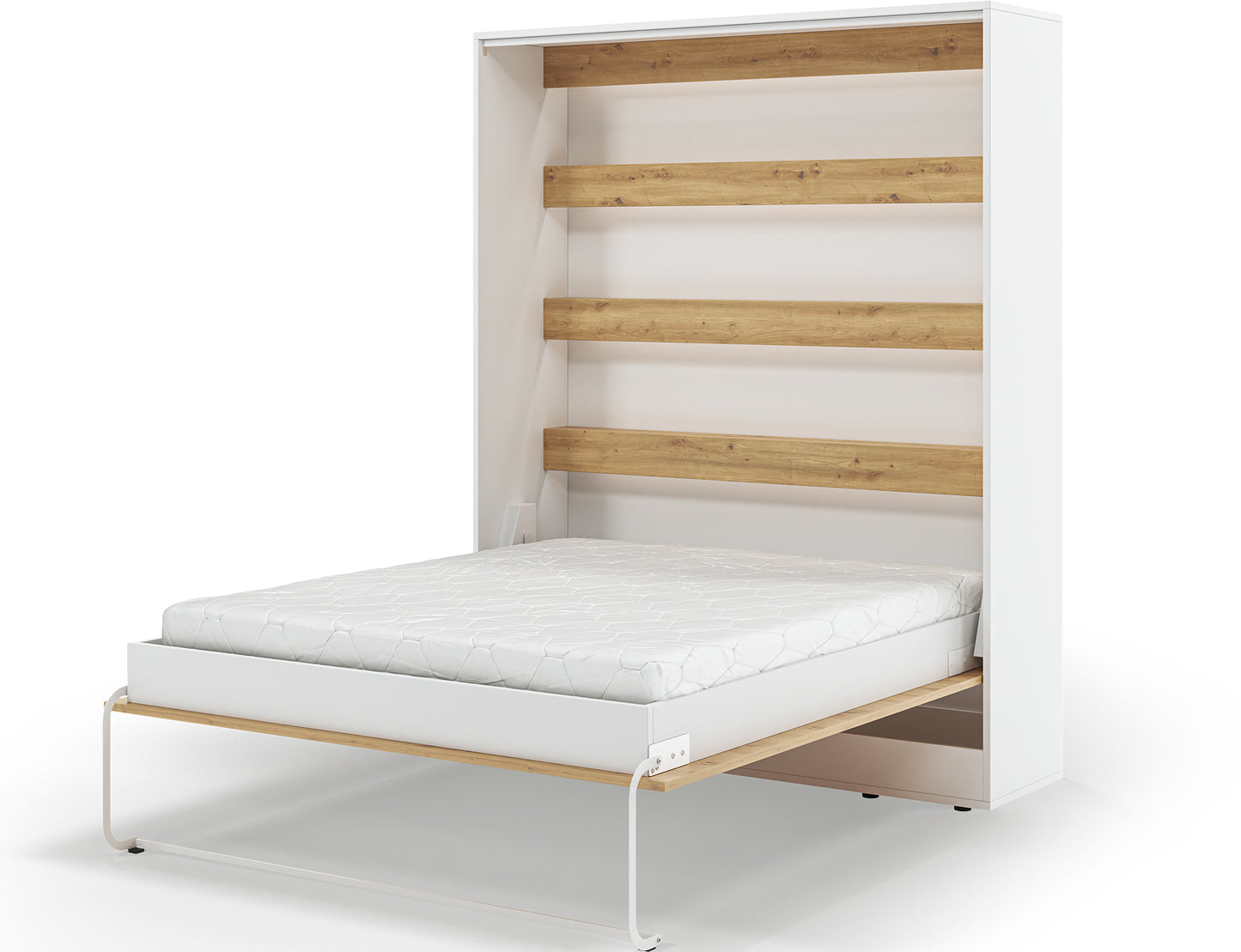 Półkotapczan Devesto I LED rozłożony z materacem, półkami dąb artisan i białą metalową ramą łóżka 160x200 w ujęciu z boku.