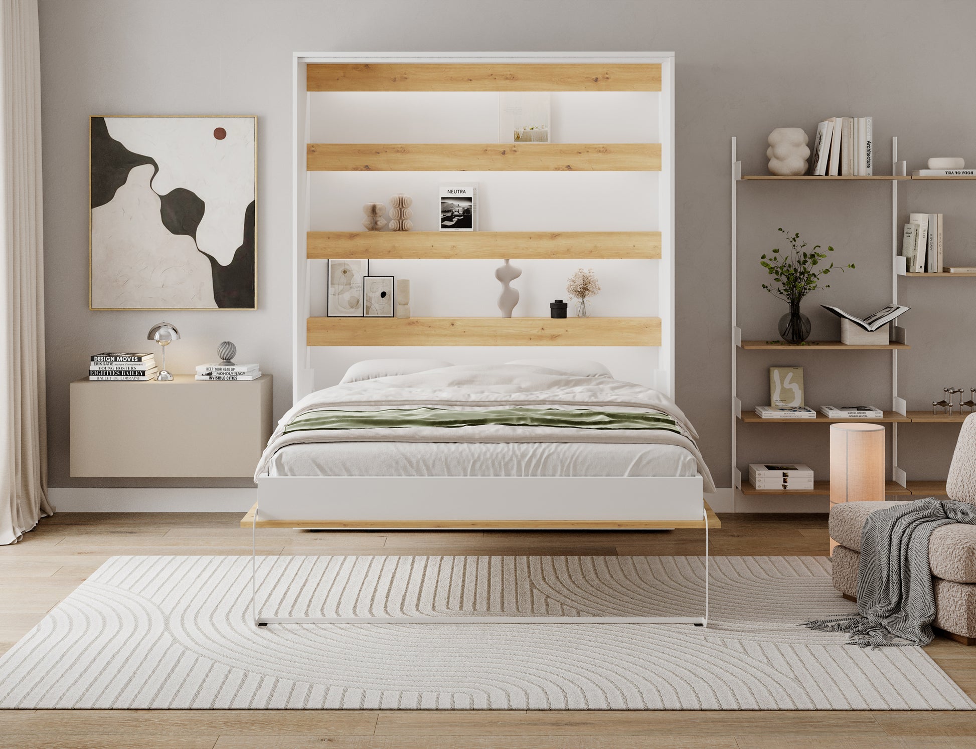 Półkotapczan Devesto I LED otwarty w salonie, łóżko 140x200 z pościelą i podświetlanymi półkami dąb artisan nad materacem.
