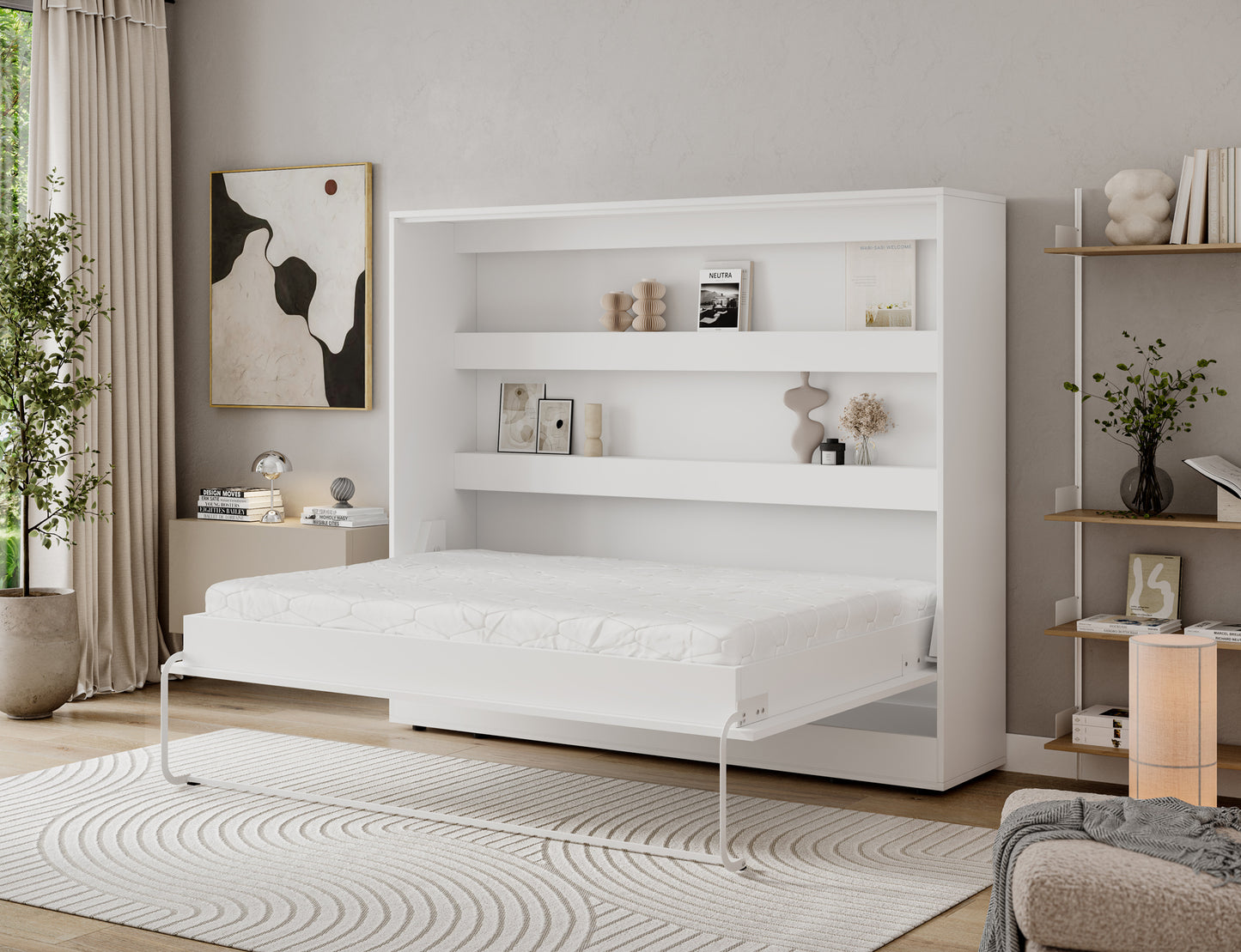 Półkotapczan Devesto II biały 140x200 rozłożony z materacem, białą skrzynią łóżka i półkami nad wezgłowiem w studio produktowym.