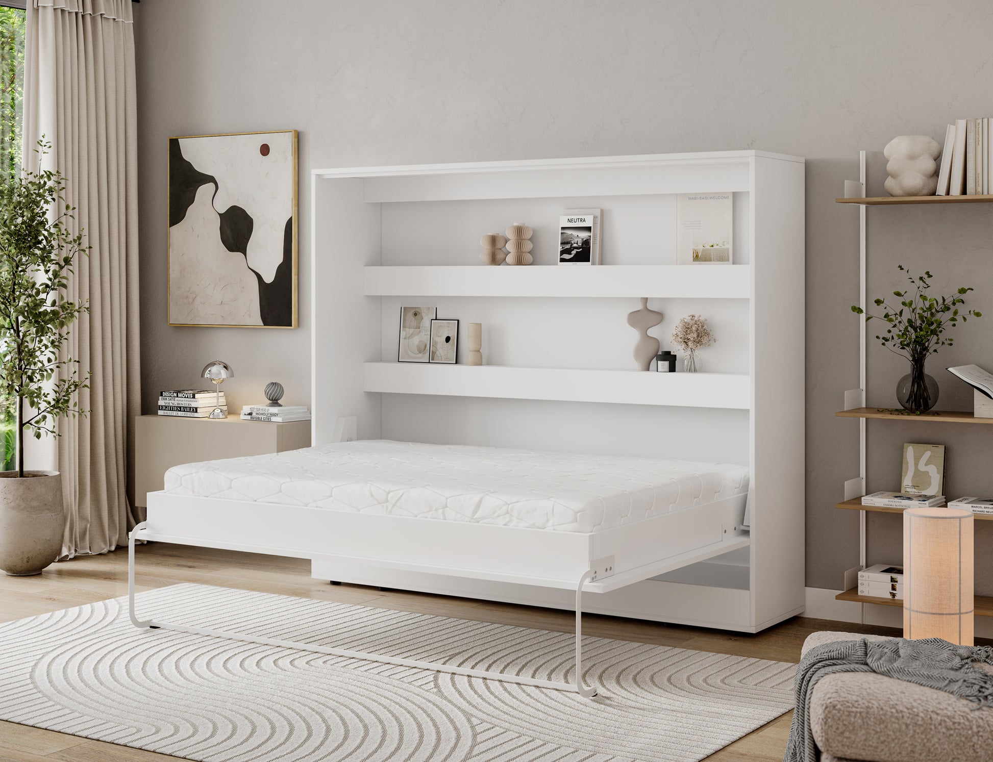 Półkotapczan Devesto II biały 140x200 rozłożony z materacem, białą skrzynią łóżka i półkami nad wezgłowiem w studio produktowym.