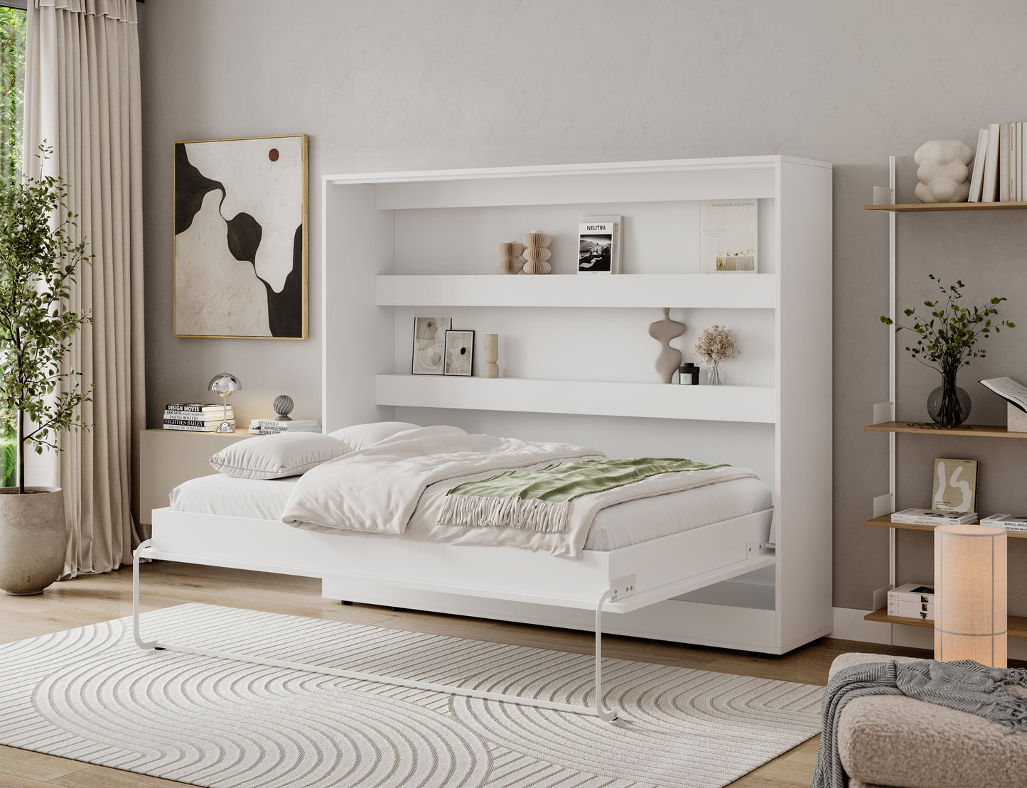 Półkotapczan Devesto II biały 140x200 rozłożony w aranżacji, z pościelą, półkami i jasną ramą mebla przy ścianie pokoju.