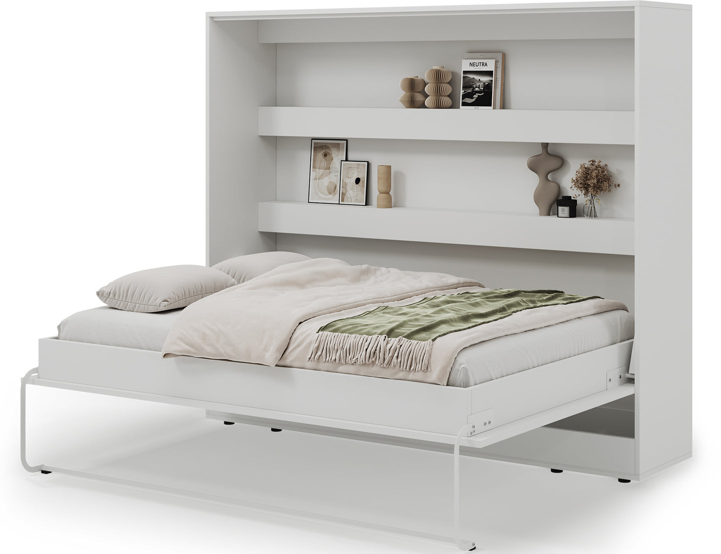 Półkotapczan Devesto II biały 140x200 rozłożony poziomo, z pościelą, białą ramą i półkami nad łóżkiem w jasnym studio produktowym.