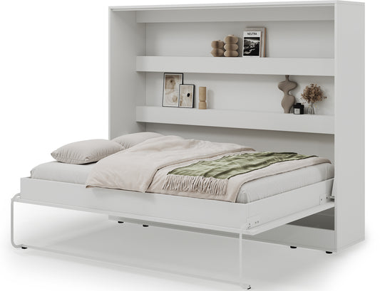 Półkotapczan Devesto II biały 140x200 rozłożony poziomo, z pościelą, białą ramą i półkami nad łóżkiem w jasnym studio produktowym.