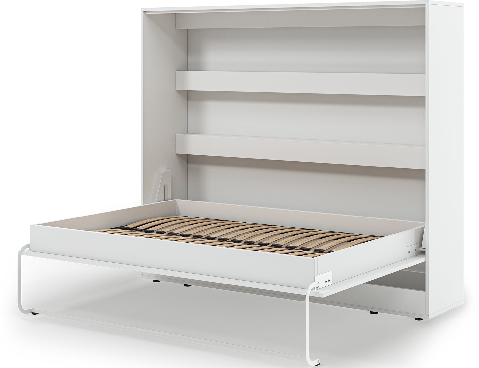 Półkotapczan Devesto II biały 140x200 rozłożony w pokoju, z pościelą, półkami nad łóżkiem i białą zabudową ścienną we wnętrzu.