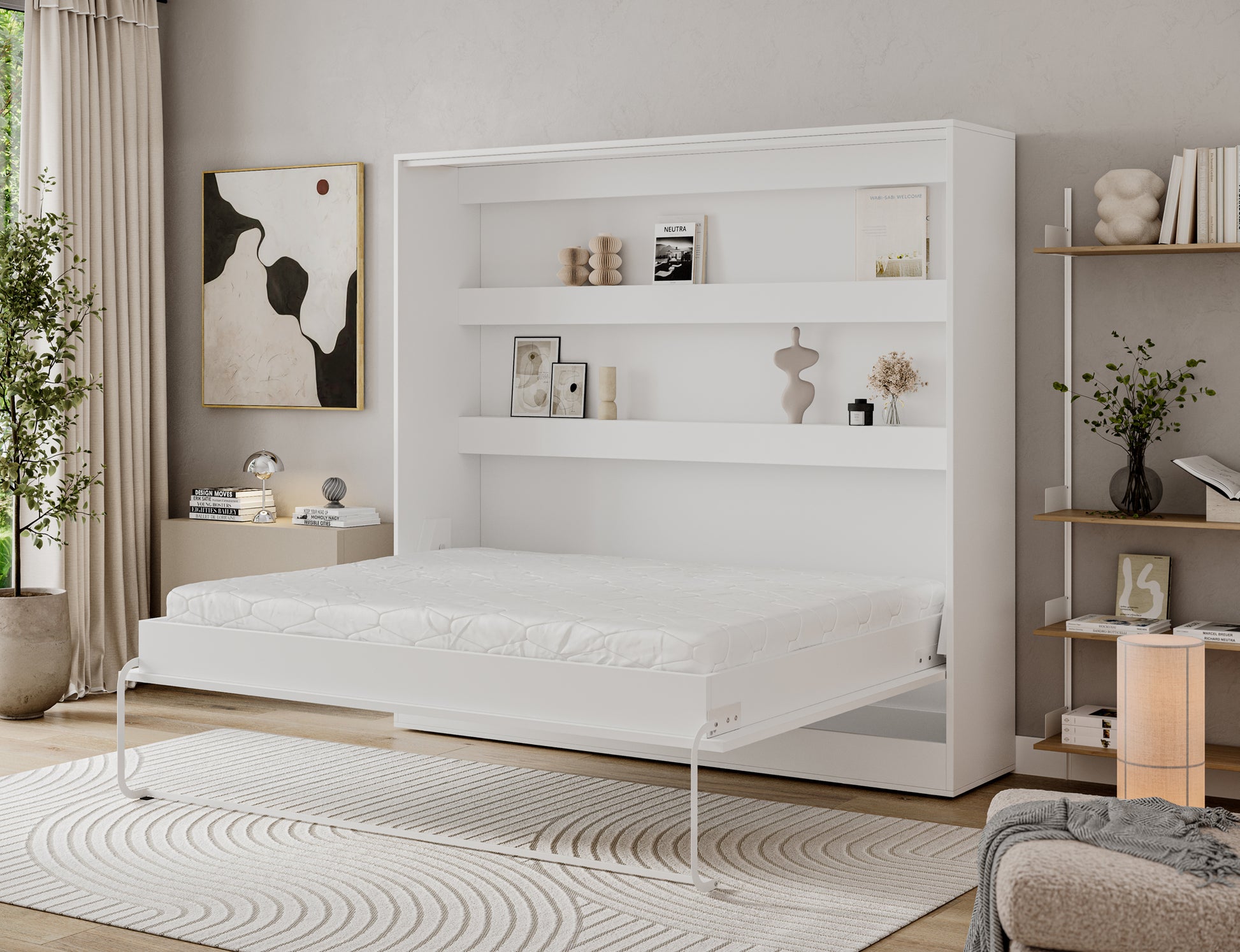 Półkotapczan Devesto II biały 160x200 rozłożony z materacem, białą ramą łóżka i półkami nad wezgłowiem w studio produktowym.