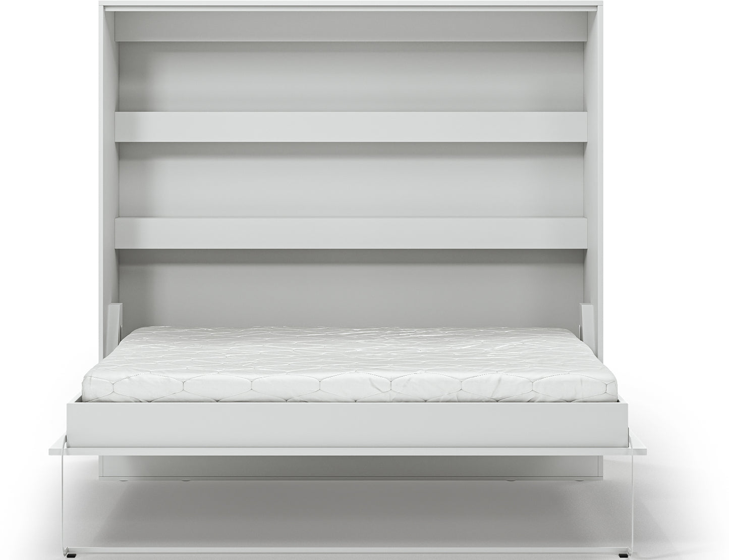 Półkotapczan Devesto II biały 160x200 frontalnie w pokoju, rozłożony z pościelą, półkami i białą zabudową ścienną mebla.