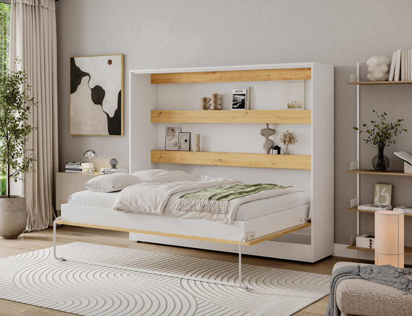 Półkotapczan Devesto II dąb artisan 140x200 w aranżacji salonu, rozłożony poziomo z pościelą i półkami nad łóżkiem w pokoju.