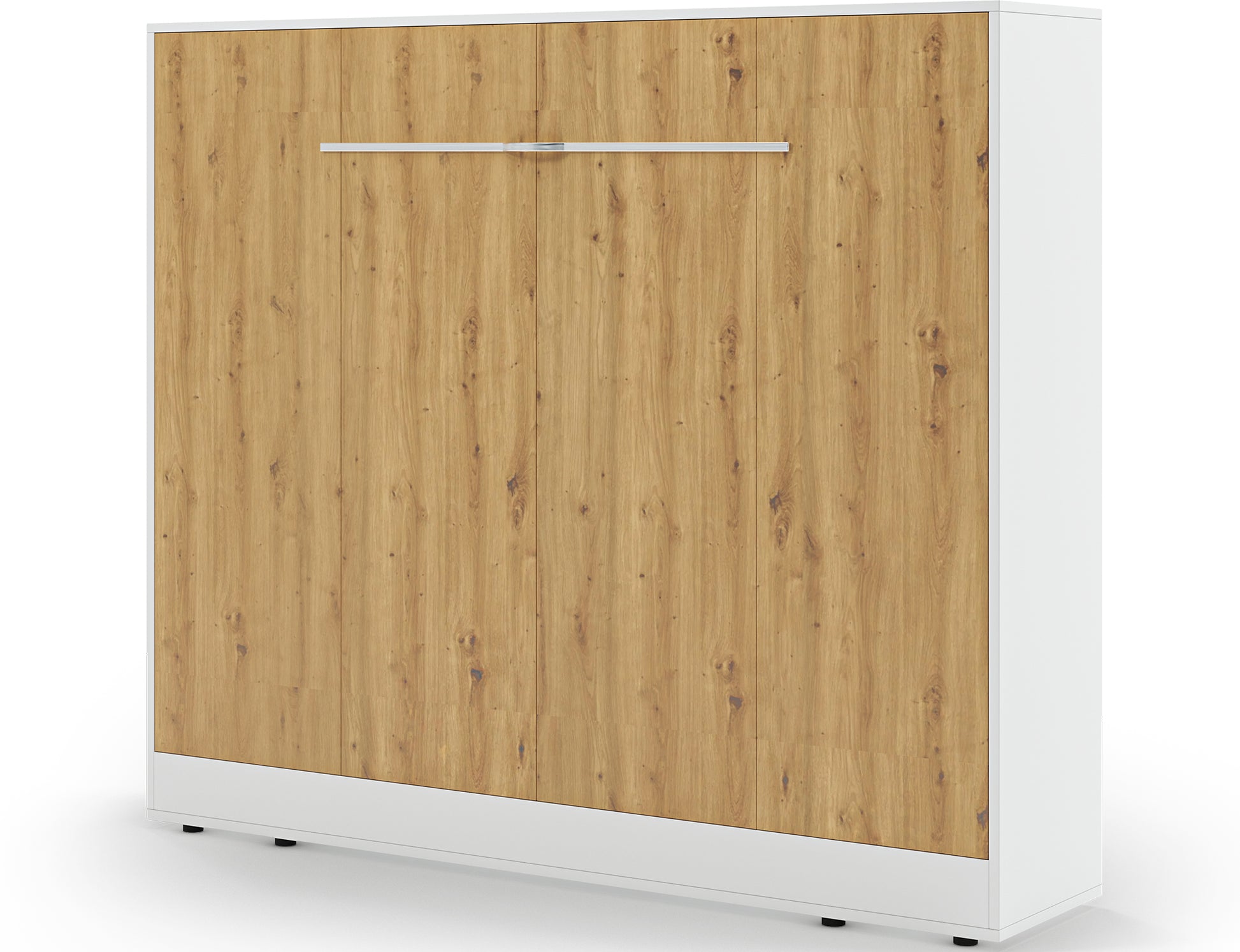 Półkotapczan Devesto II dąb artisan 140x200 zamknięty, z drewnianym frontem, białą obudową i poziomym uchwytem na środku.