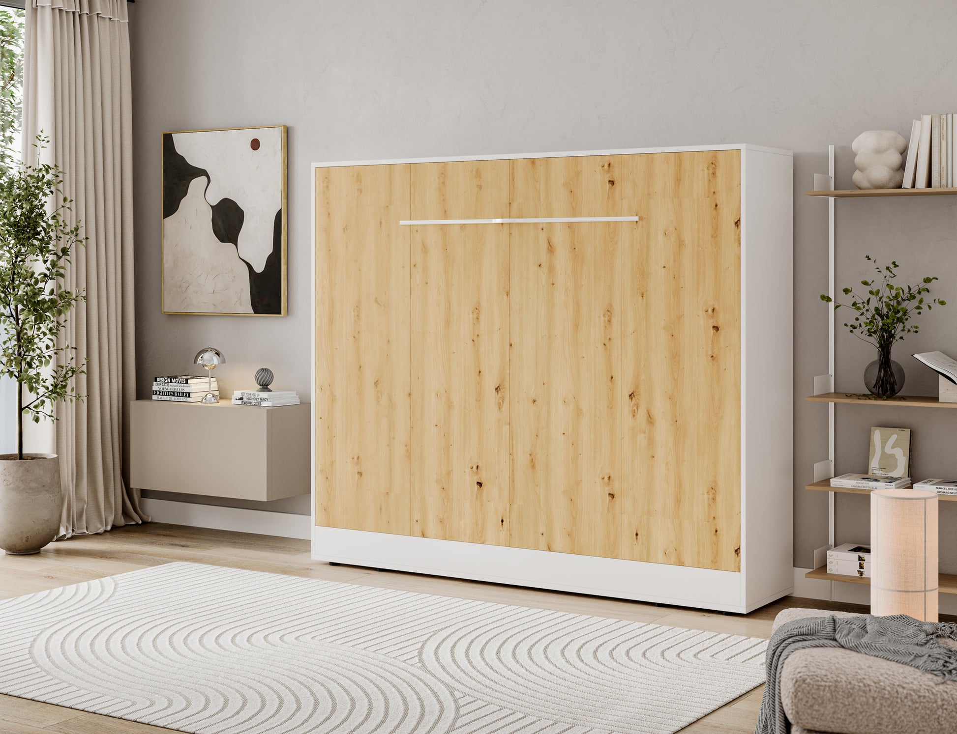 Półkotapczan Devesto II dąb artisan 140x200 zamknięty w pokoju, z frontem o usłojeniu drewna i białymi bokami mebla przy ścianie.