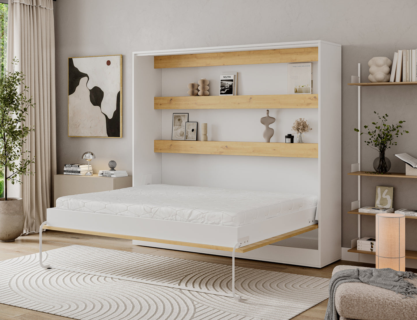 Półkotapczan Devesto II dąb artisan 160x200 rozłożony z materacem, białą skrzynią łóżka i drewnianymi półkami nad wezgłowiem.
