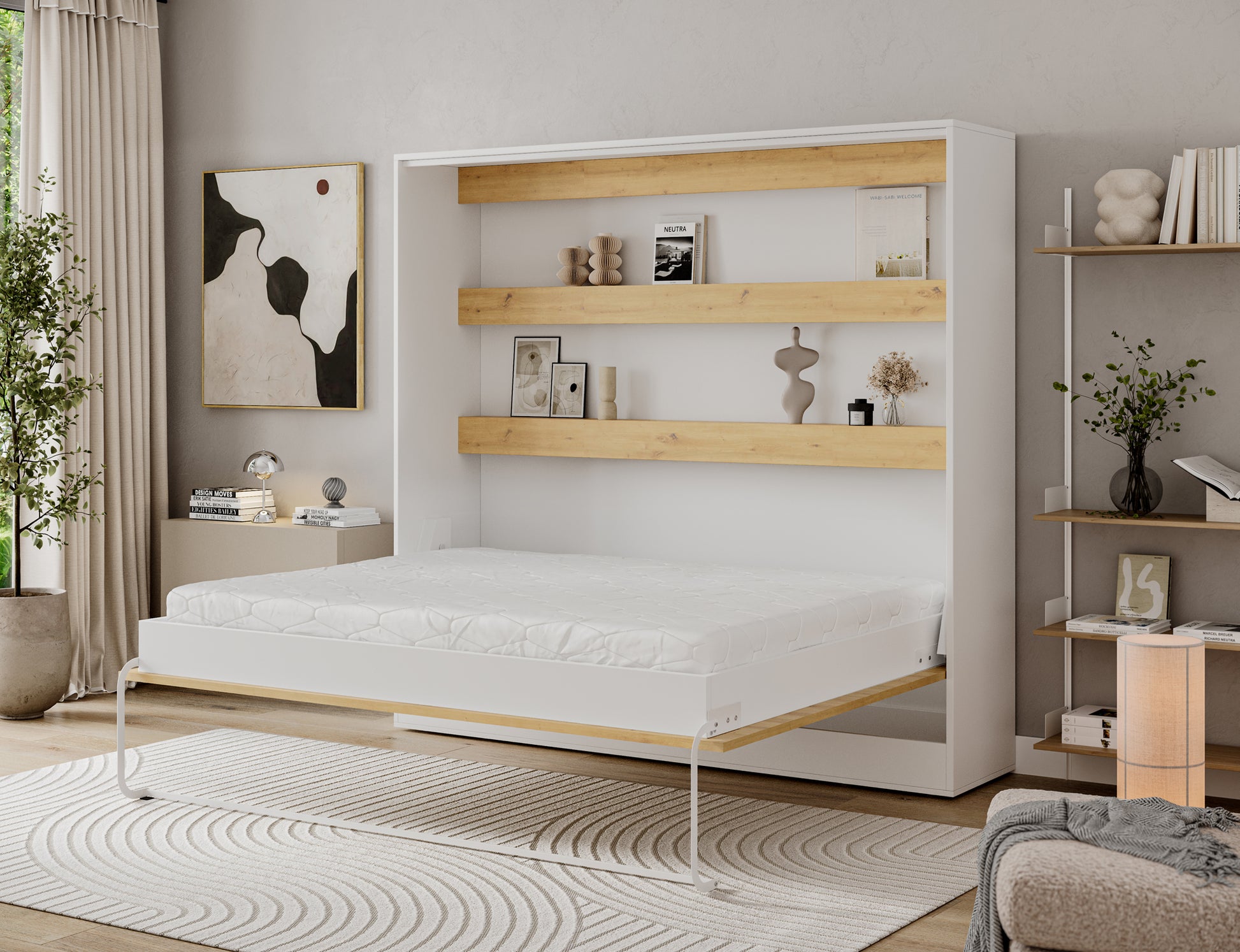 Półkotapczan Devesto II dąb artisan 160x200 rozłożony z materacem, białą skrzynią łóżka i drewnianymi półkami nad wezgłowiem.