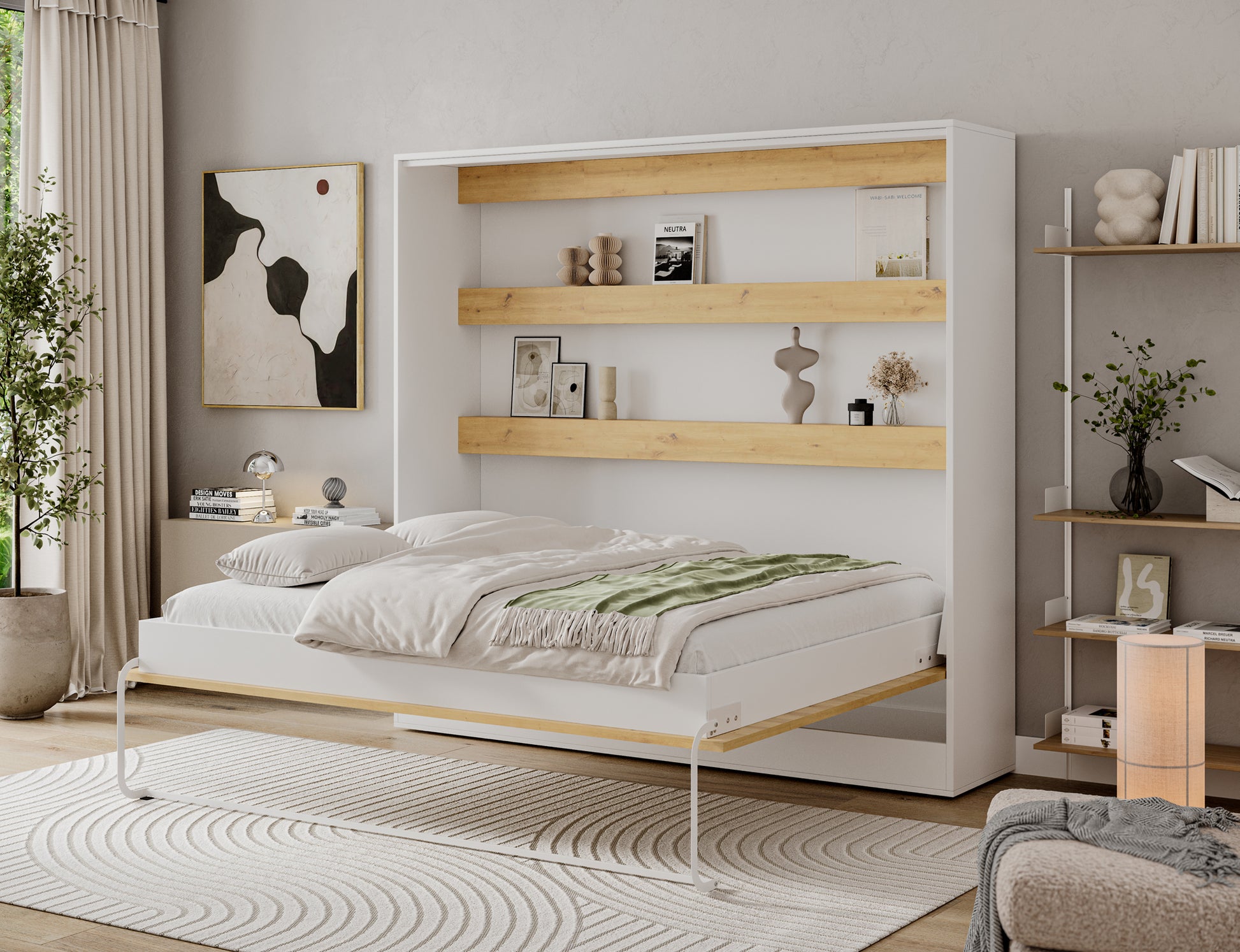Półkotapczan Devesto II dąb artisan 160x200 rozłożony w aranżacji, z pościelą, półkami i jasną ramą mebla przy ścianie pokoju.