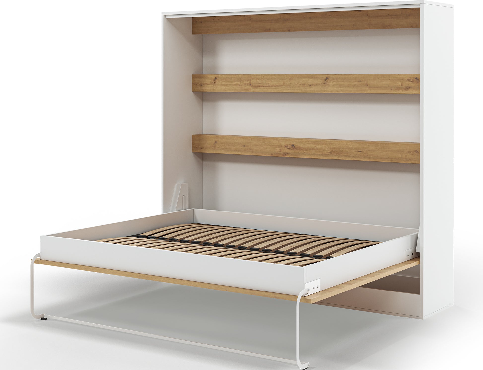 Półkotapczan Devesto II dąb artisan 160x200 rozłożony w pokoju, z pościelą, półkami nad łóżkiem i białą zabudową ścienną.