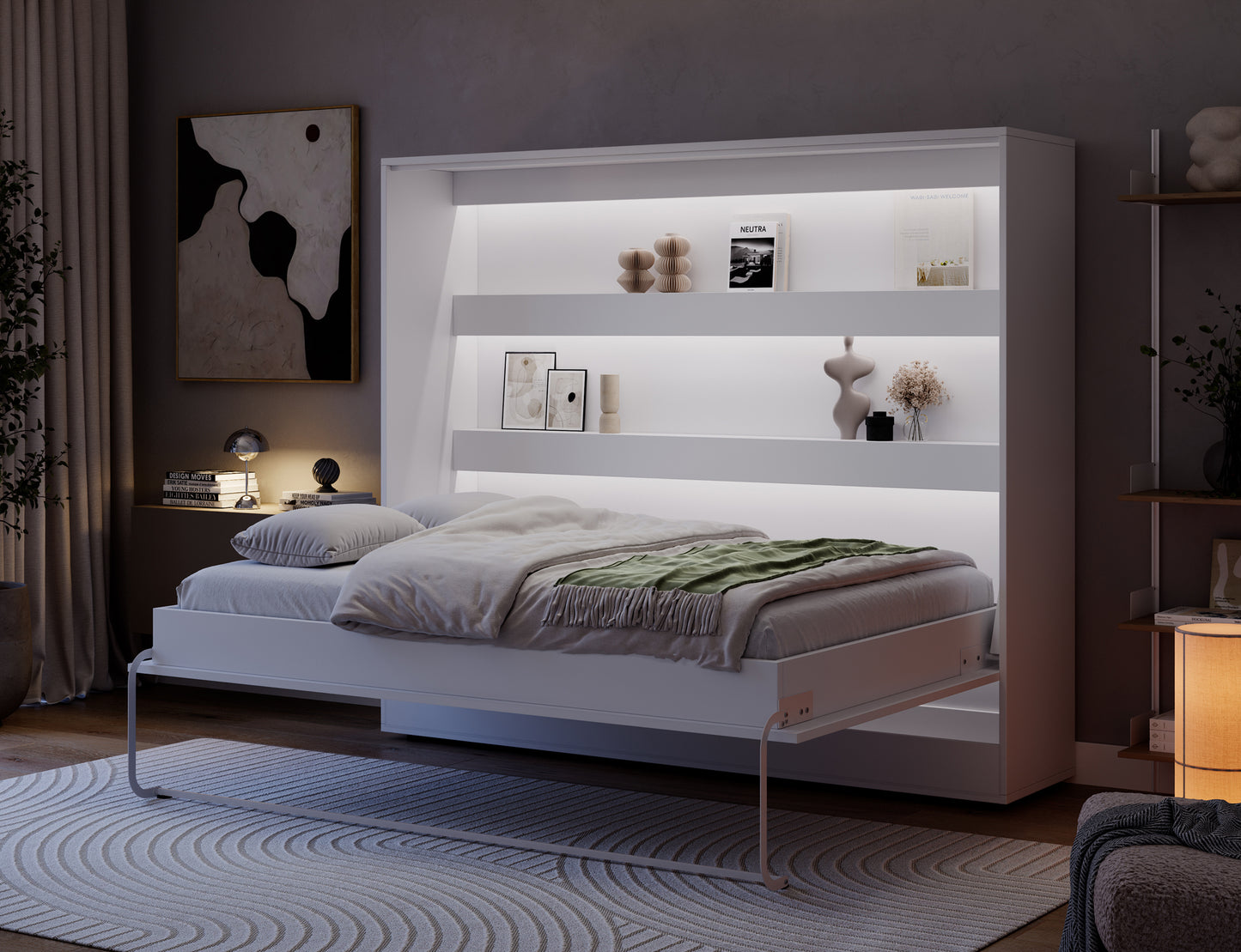 Półkotapczan Devesto II LED biały 140 w nocnym ujęciu, z rozłożonym łóżkiem, pościelą i podświetlanymi półkami za łóżkiem