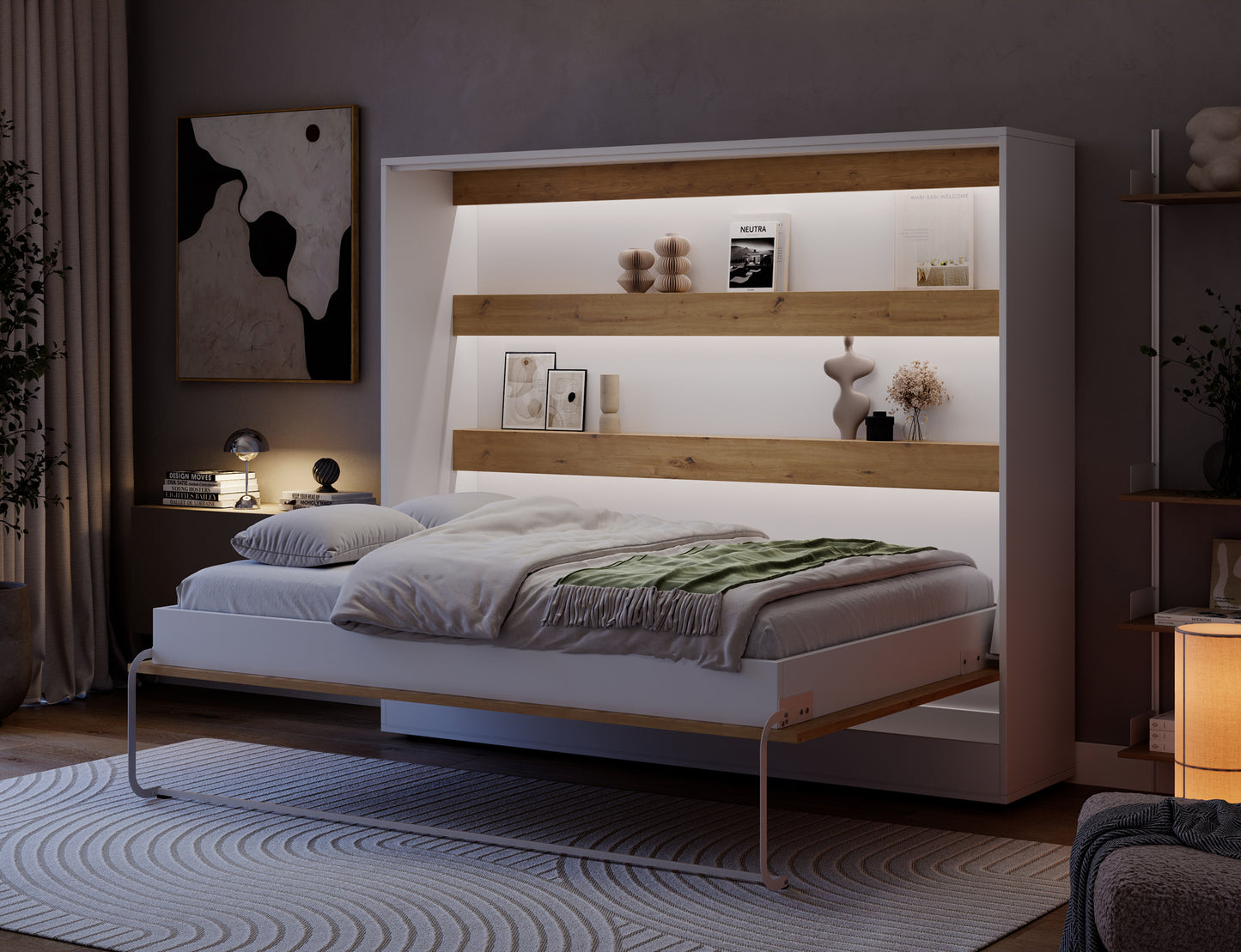 Półkotapczan Devesto II LED dąb artisan 140 w nocnej aranżacji z podświetlanymi półkami, pościelą i rozłożonym łóżkiem w ramie