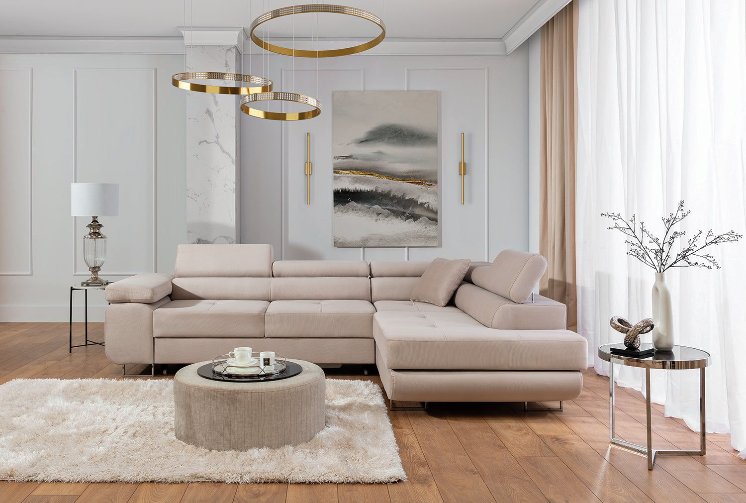 Poszewka dekoracyjna 40×40 cm Paros 02 beżowa – aranżacja w salonie na sofie