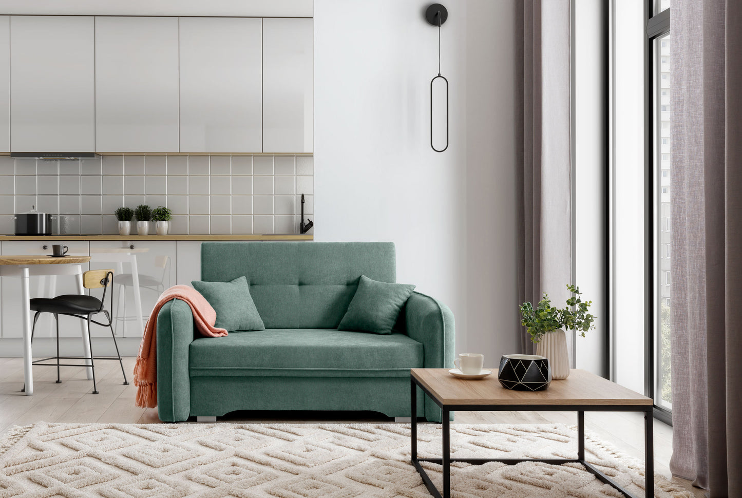 Poszewka dekoracyjna 40×40 cm Poco 100 jasnozielona – aranżacja na sofie w salonie