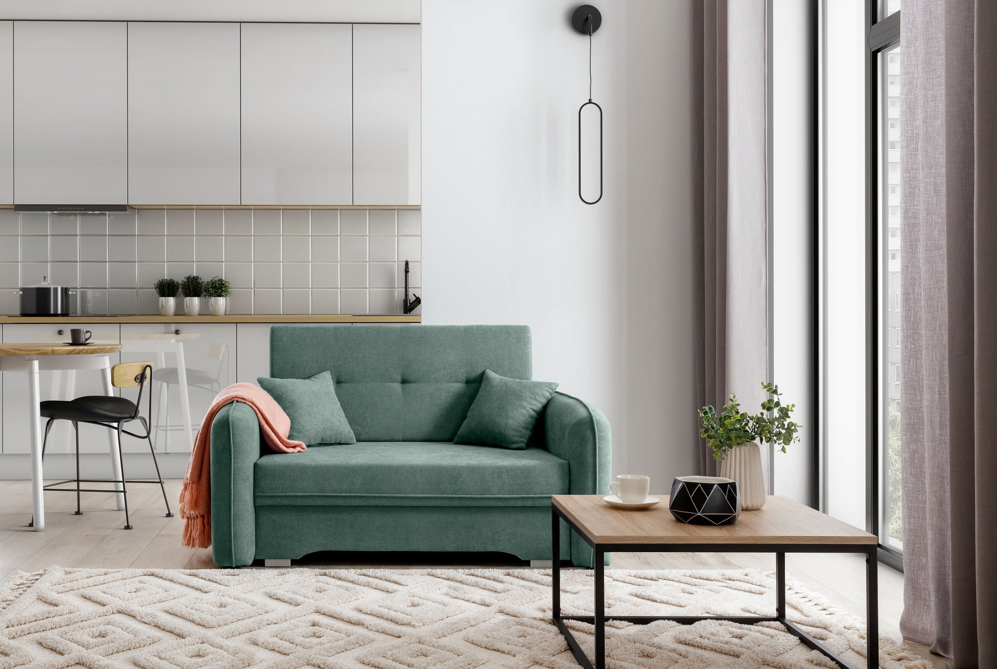 Poszewka dekoracyjna 40×40 cm Poco 100 jasnozielona – aranżacja na sofie w salonie