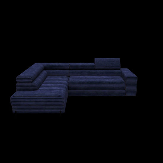Model 3D narożnika Colesio w tkaninie Modullo 40, ciemnoniebieski, prezentujący pełną bryłę mebla, szezlong i układ oparć.