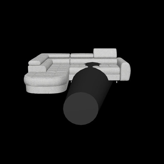 Model 3D narożnika Vesteria w tkaninie Nube 03, przedstawiający bryłę mebla z otomaną, zaokrąglonym podłokietnikiem i zagłówkami.