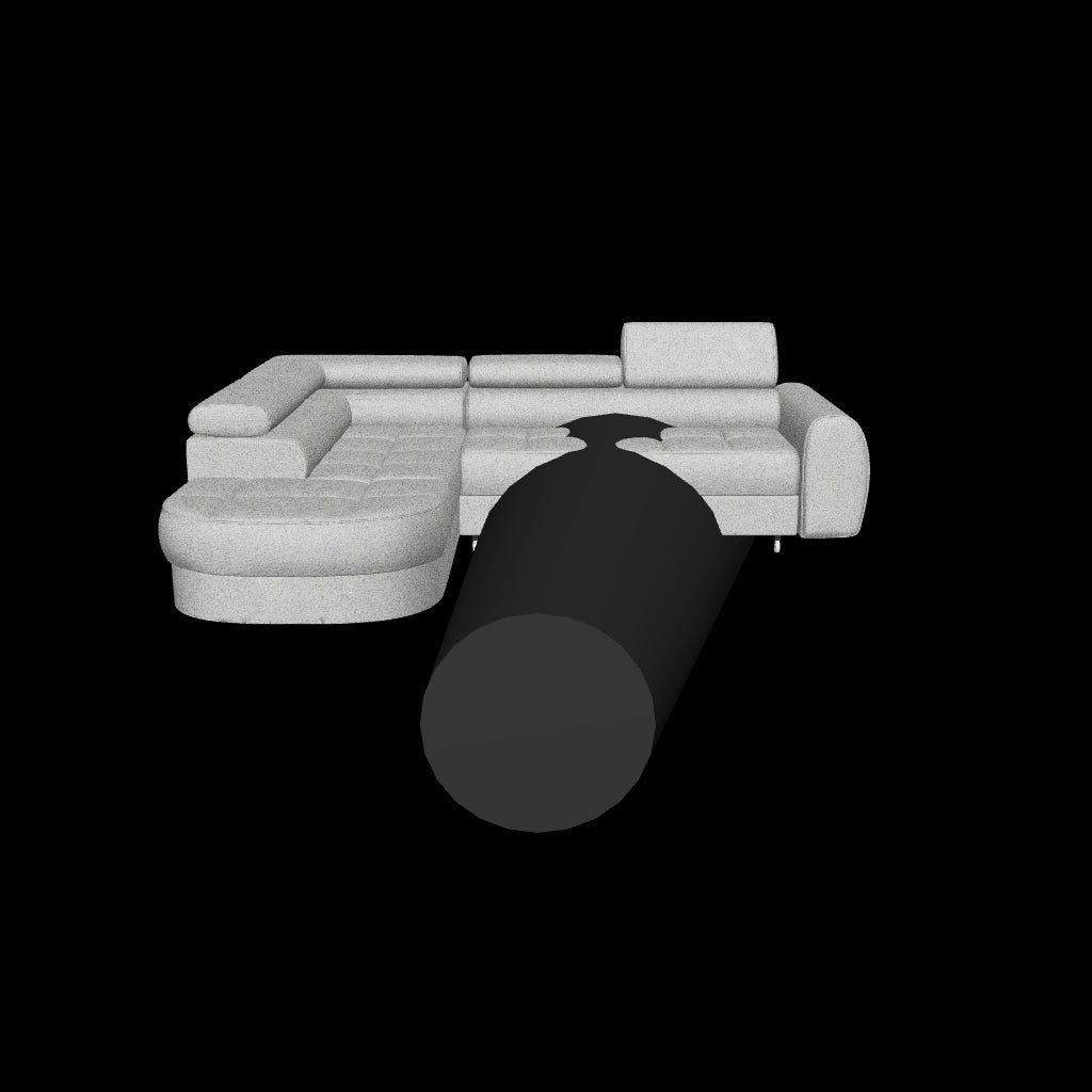 Model 3D narożnika Vesteria w tkaninie Nube 03, przedstawiający bryłę mebla z otomaną, zaokrąglonym podłokietnikiem i zagłówkami.