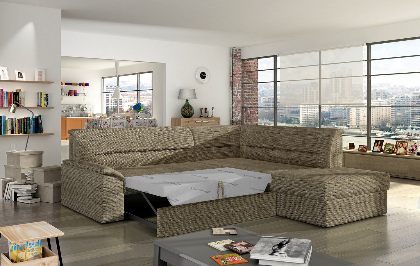 Elegancki narożnik Elano wykonany z tkaniny Berlin 03 prezentuje minimalistyczną formę oraz wygodne szerokie siedziska. Designerski narożnik do rodzinnego salonu podkreśla ciepły charakter wnętrza i zapewnia wysoki komfort wypoczynku każdego dnia.