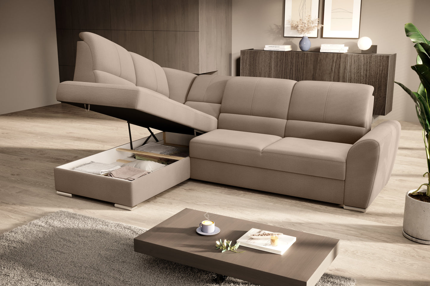 Duży narożnik Siber lewy w tkaninie Nube 20 w kolorze beżowym to komfortowa sofa wypoczynkowa, która łączy funkcjonalność z eleganckim i uniwersalnym wyglądem wnętrza.