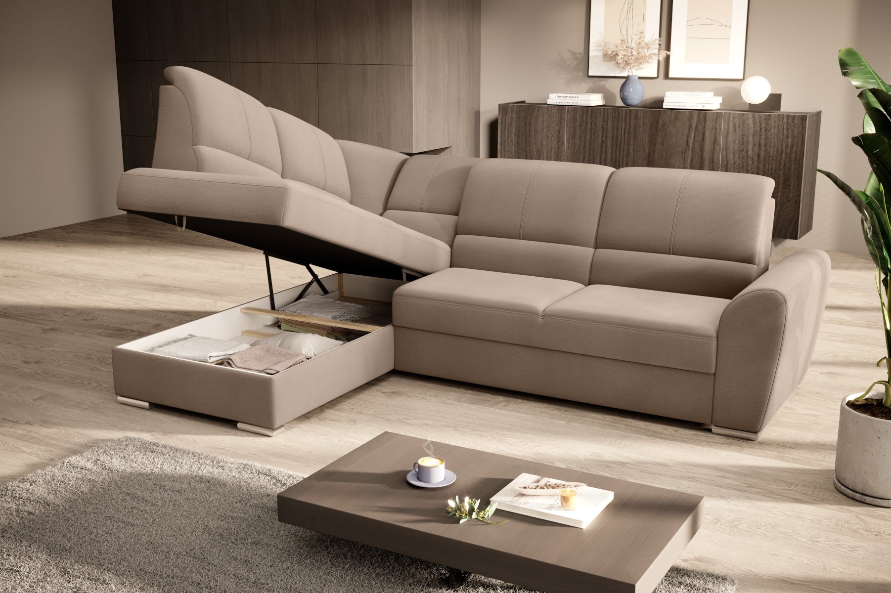 Duży narożnik Siber lewy w tkaninie Nube 20 w kolorze beżowym to komfortowa sofa wypoczynkowa, która łączy funkcjonalność z eleganckim i uniwersalnym wyglądem wnętrza.