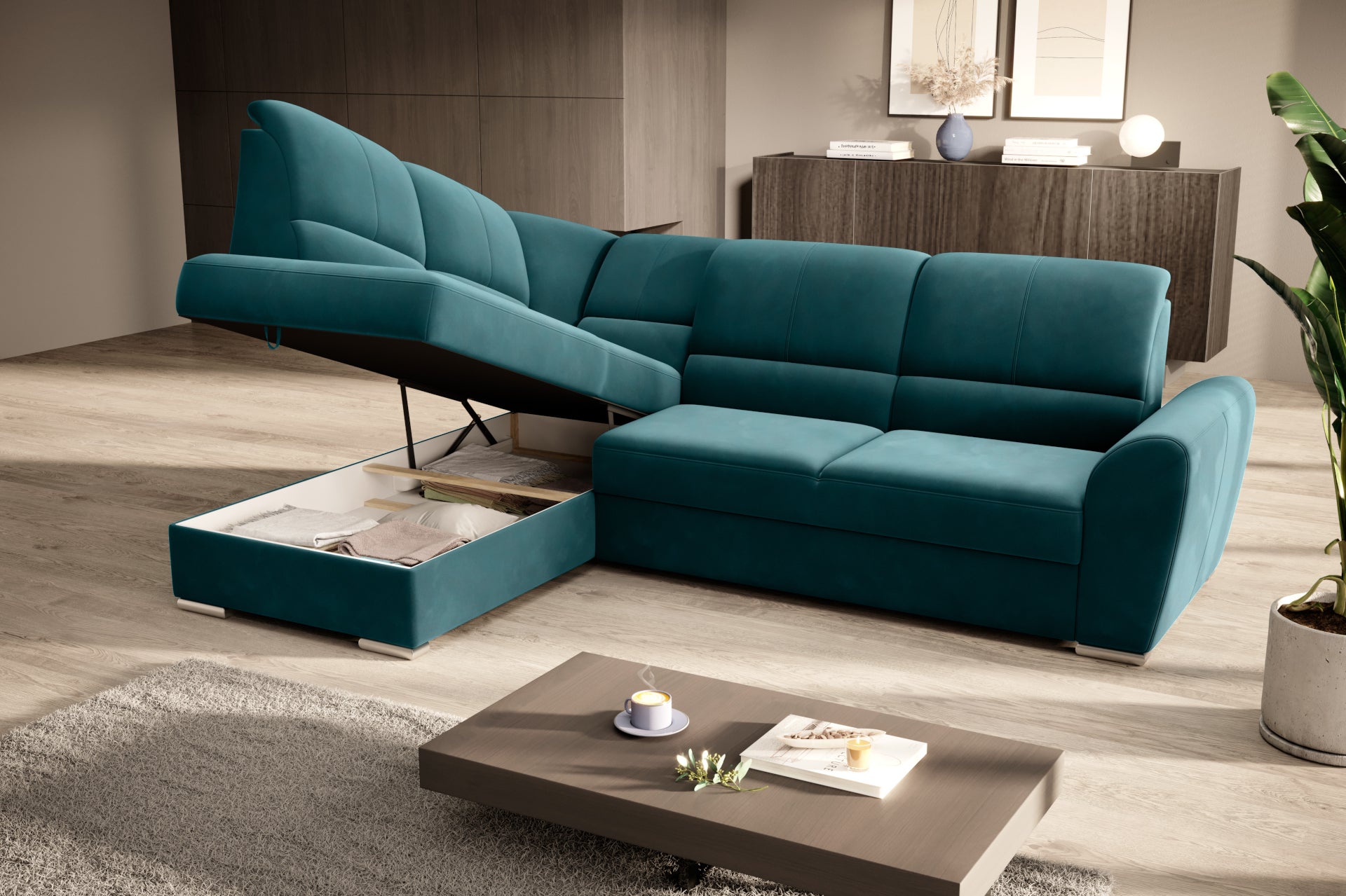 Duży narożnik Siber lewy w tkaninie Lukso 39 w kolorze ciemnozielonym to komfortowa sofa wypoczynkowa, która łączy funkcjonalność z eleganckim i przytulnym wyglądem wnętrza.