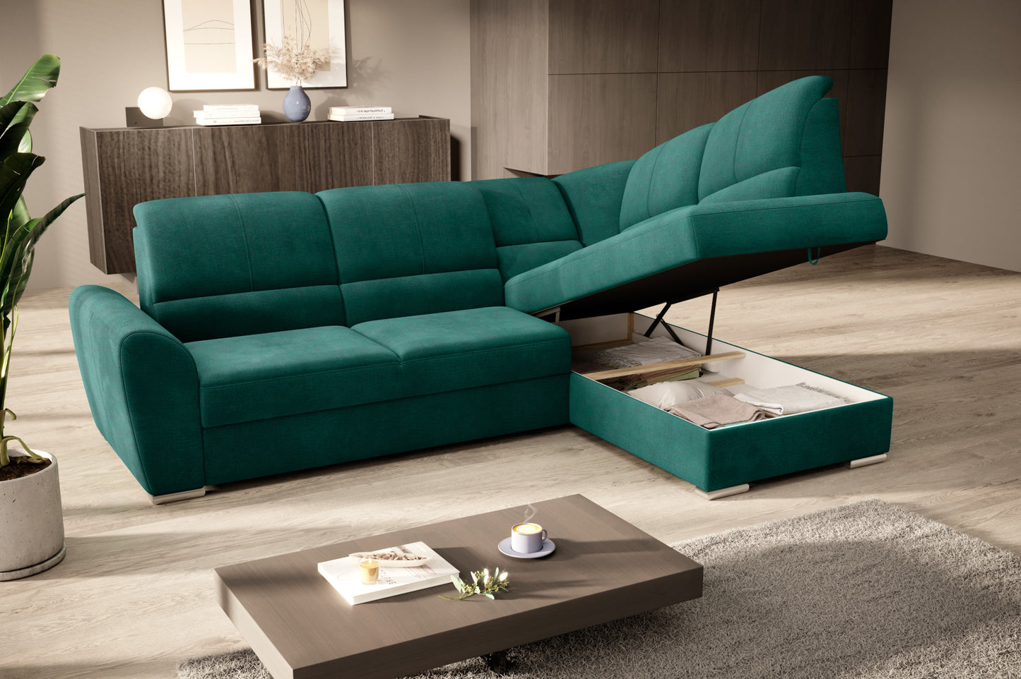 Duży narożnik Siber prawy w tkaninie Nube 35 w kolorze zielonym to komfortowa sofa wypoczynkowa do salonu, która łączy funkcjonalność z modnym i przyjaznym wyglądem wnętrza.