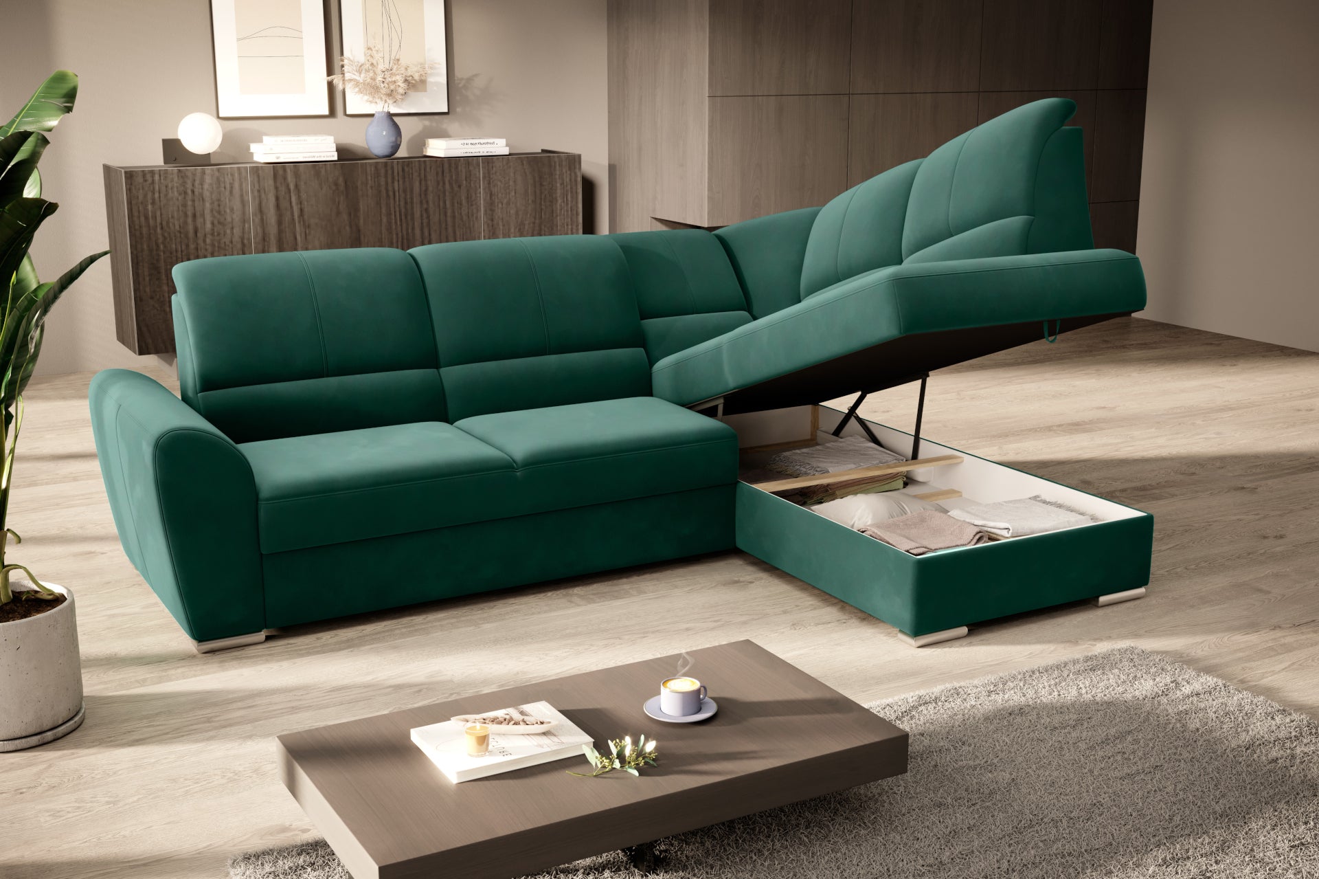 Duży narożnik Siber prawy w tkaninie Lukso 35 w kolorze zielonym to komfortowa sofa wypoczynkowa, która łączy funkcjonalność z modnym designem dopasowanym do współczesnych wnętrz.