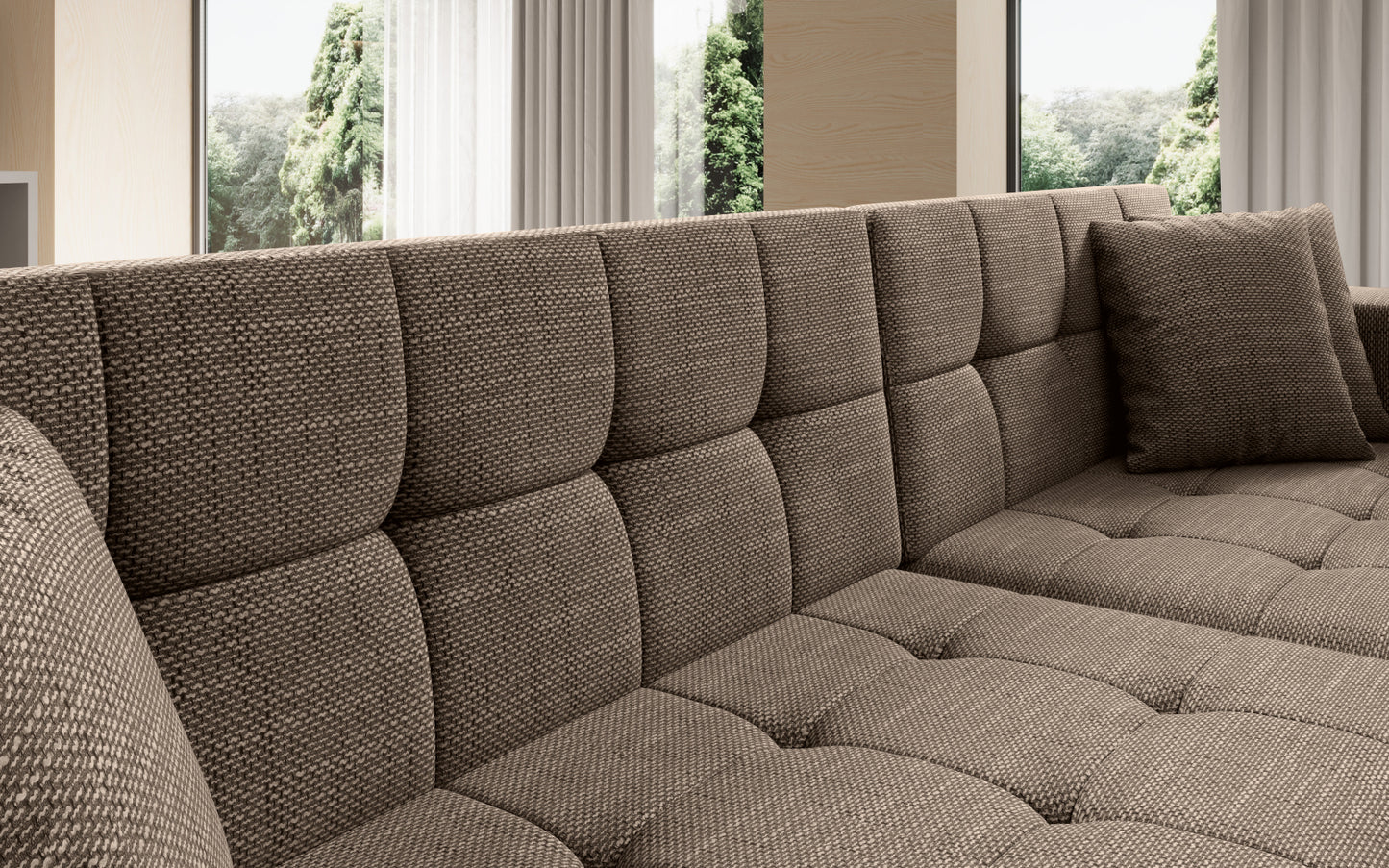 Duży narożnik Solange prawy w tkaninie Berlin 03 w kolorze ciemnobeżowym to komfortowa sofa wypoczynkowa, która łączy funkcjonalność z eleganckim i uniwersalnym stylem.