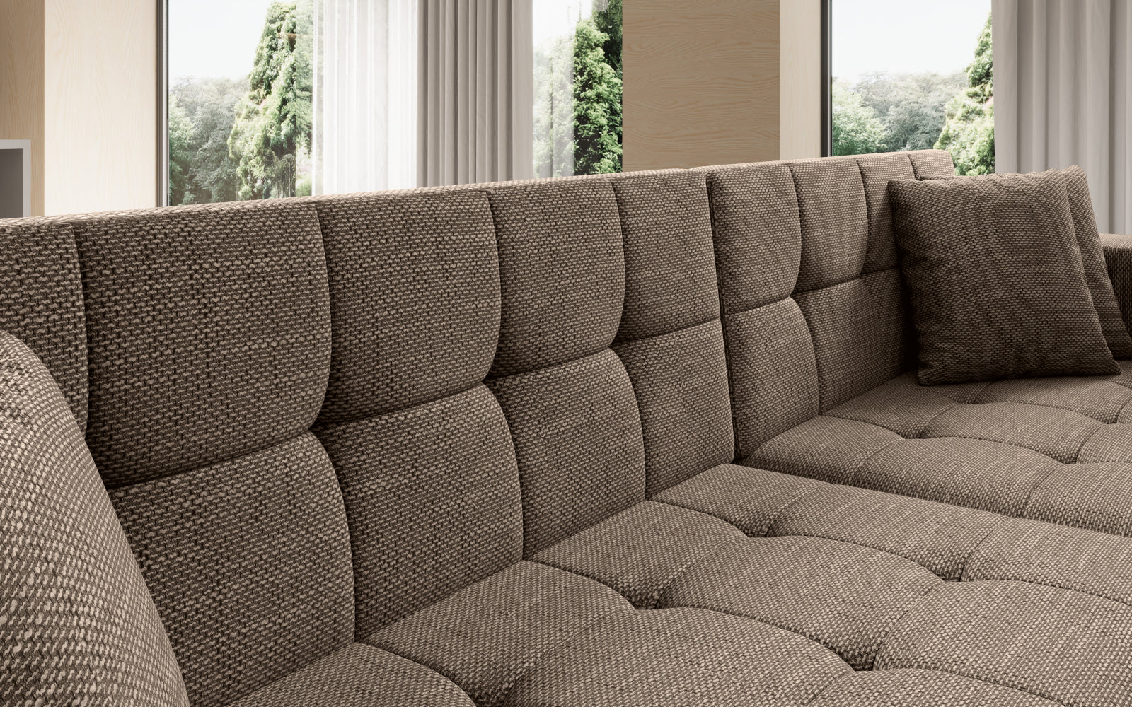 Duży narożnik Solange prawy w tkaninie Berlin 03 w kolorze ciemnobeżowym to komfortowa sofa wypoczynkowa, która łączy funkcjonalność z eleganckim i uniwersalnym stylem.