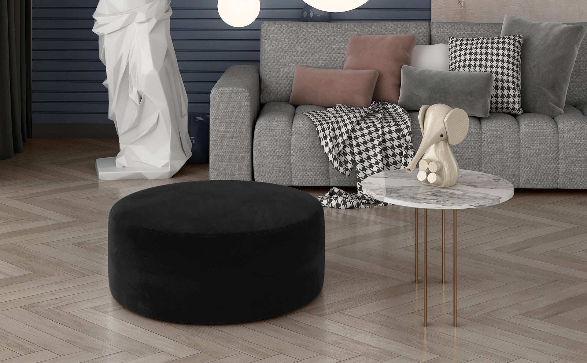 Pufa Bero Matt Velvet 99 w eleganckim czarnym kolorze, z zaokrągloną formą i gładkim tapicerowanym wykończeniem, idealna jako siedzisko, podnóżek lub dodatek do wnętrza.