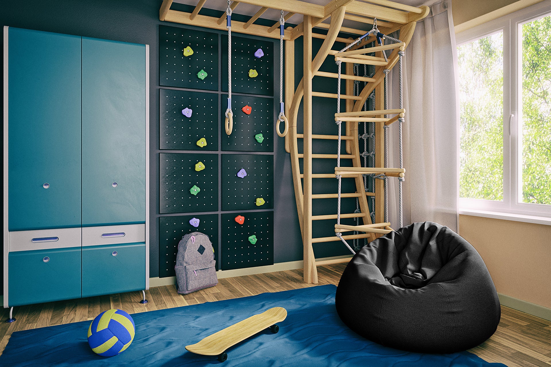 Pufa worek Como w odcieniu Poco 10 czarny ustawiona w jasnym i przestronnym pokoju dziecięcym z ścianką wspinaczkową i sprzętem gimnastycznym, stanowiąca komfortowy akcent w przestrzeni do zabawy i relaksu.