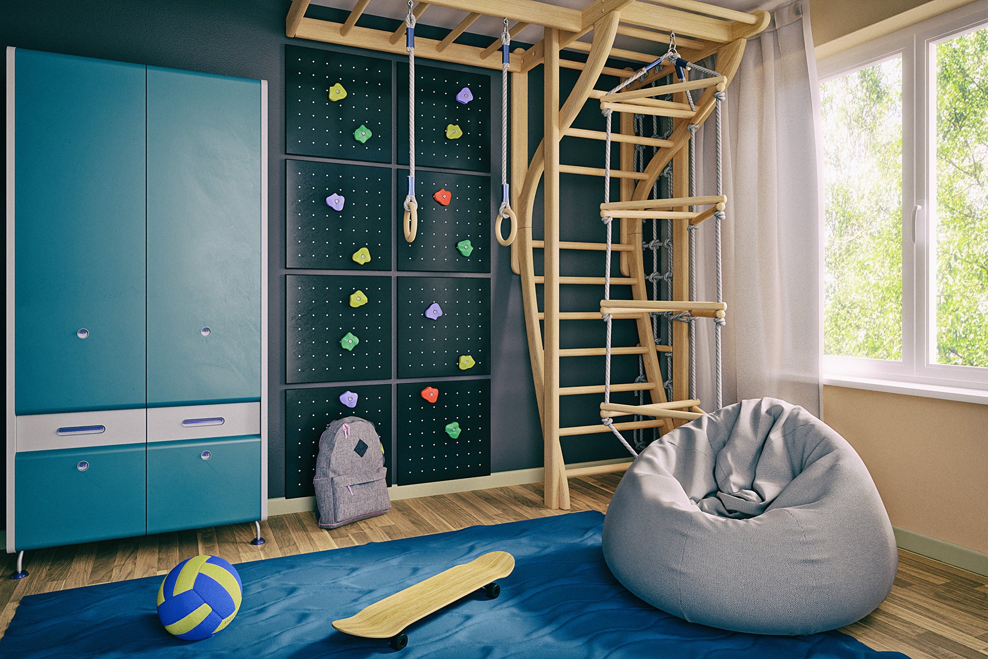Pufa Como w kolorze jasnoszarym (Poco 03) ustawiona w nowoczesnym pokoju dziecięcym z drewnianą ścianką wspinaczkową, niebieską matą i jasnym naturalnym oświetleniem – idealna do relaksu w strefie zabawy.