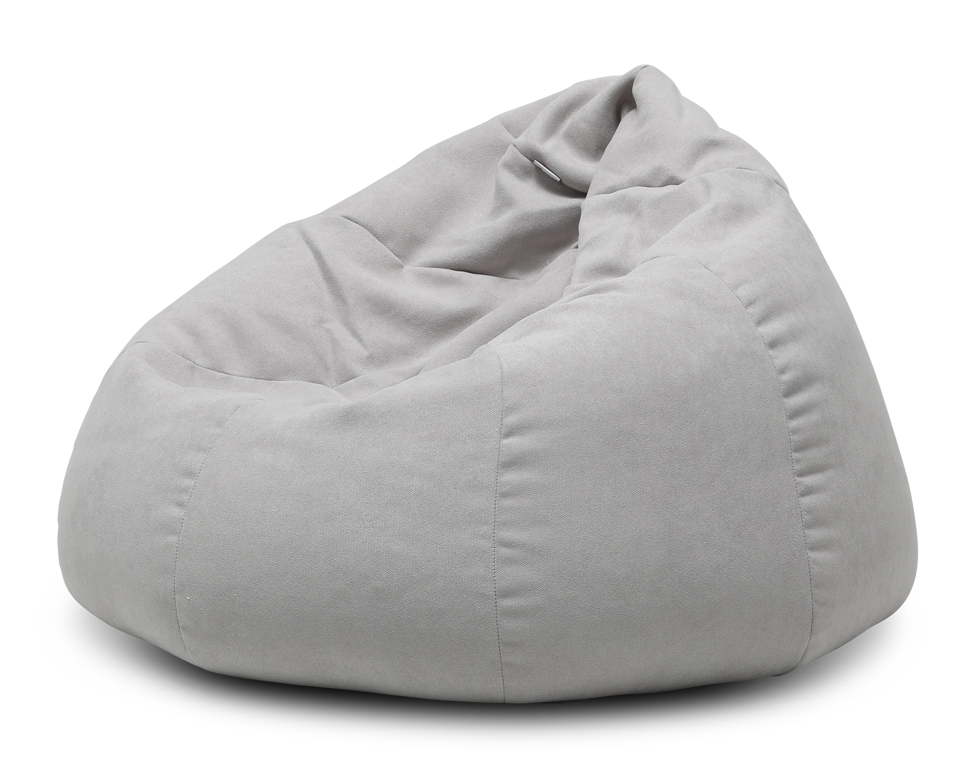 Jasnoszara pufa typu worek Como w tkaninie Poco 03, przedstawiona na przezroczystym tle – widok z przodu i lekko z boku, ukazujący miękkie, opływowe linie i delikatne przeszycia.